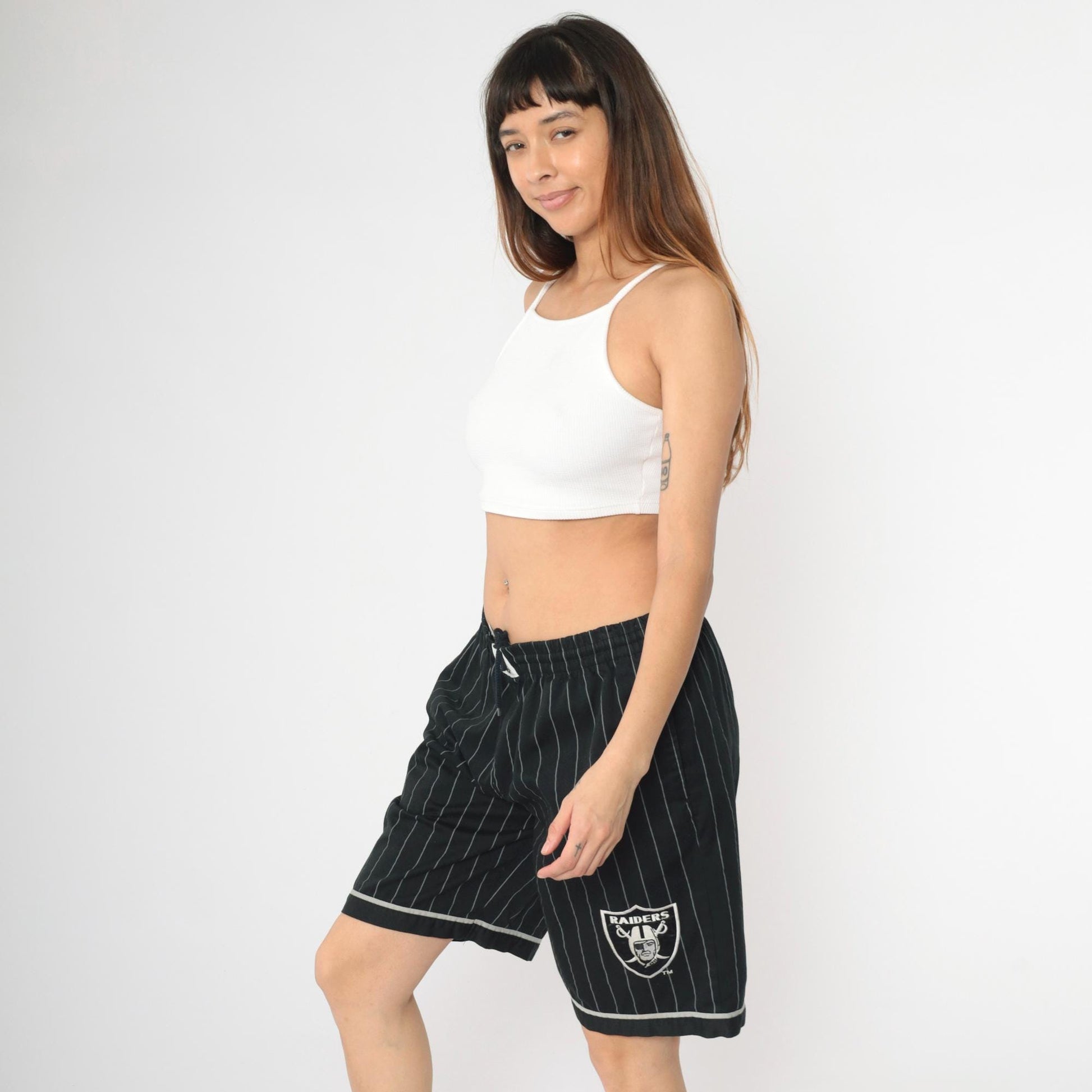 90s Starter Raiders NFL Shorts Black Pinstriped Elastic Waist Large