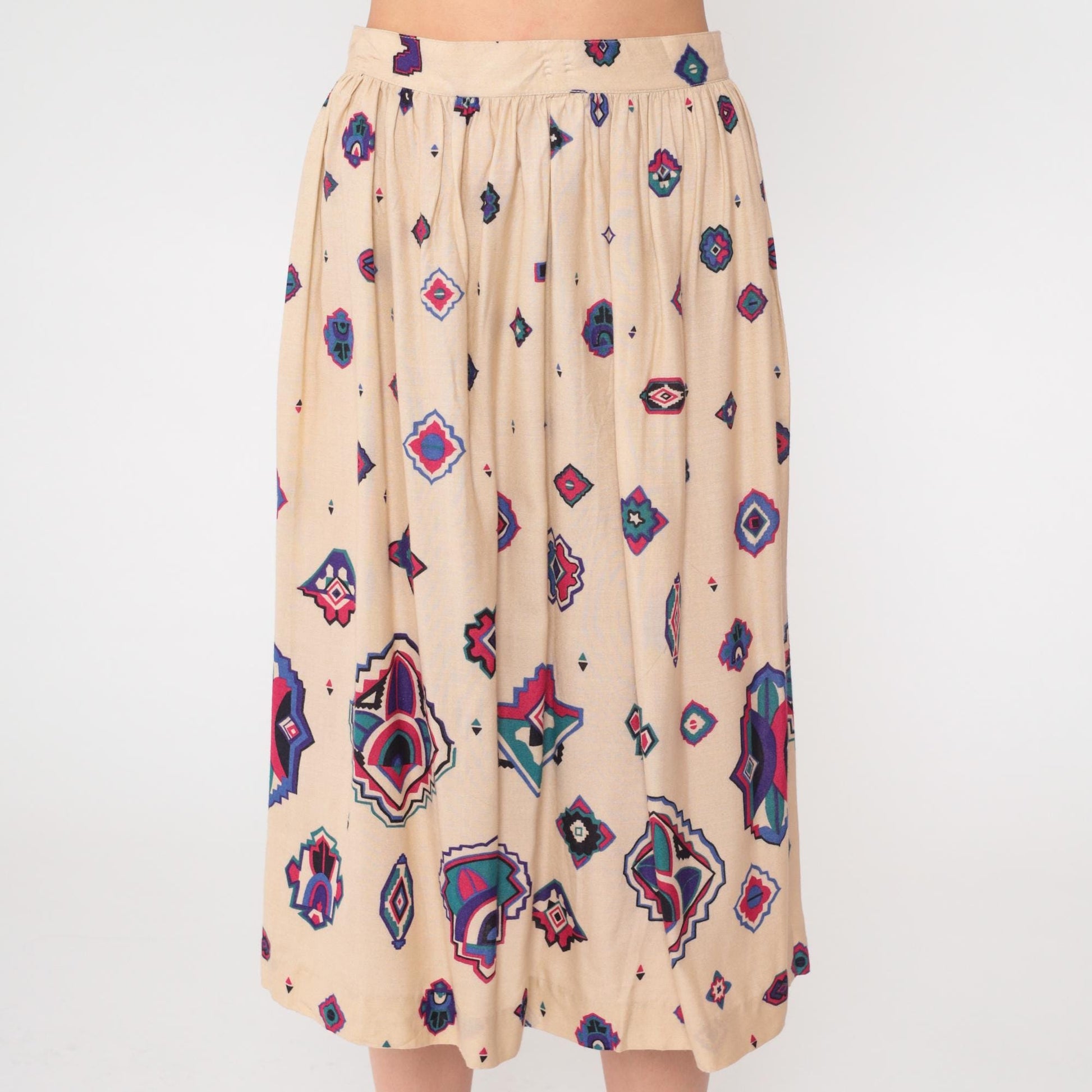 80s Panther Southwestern Midi Skirt Cream Geometric High Waist Small