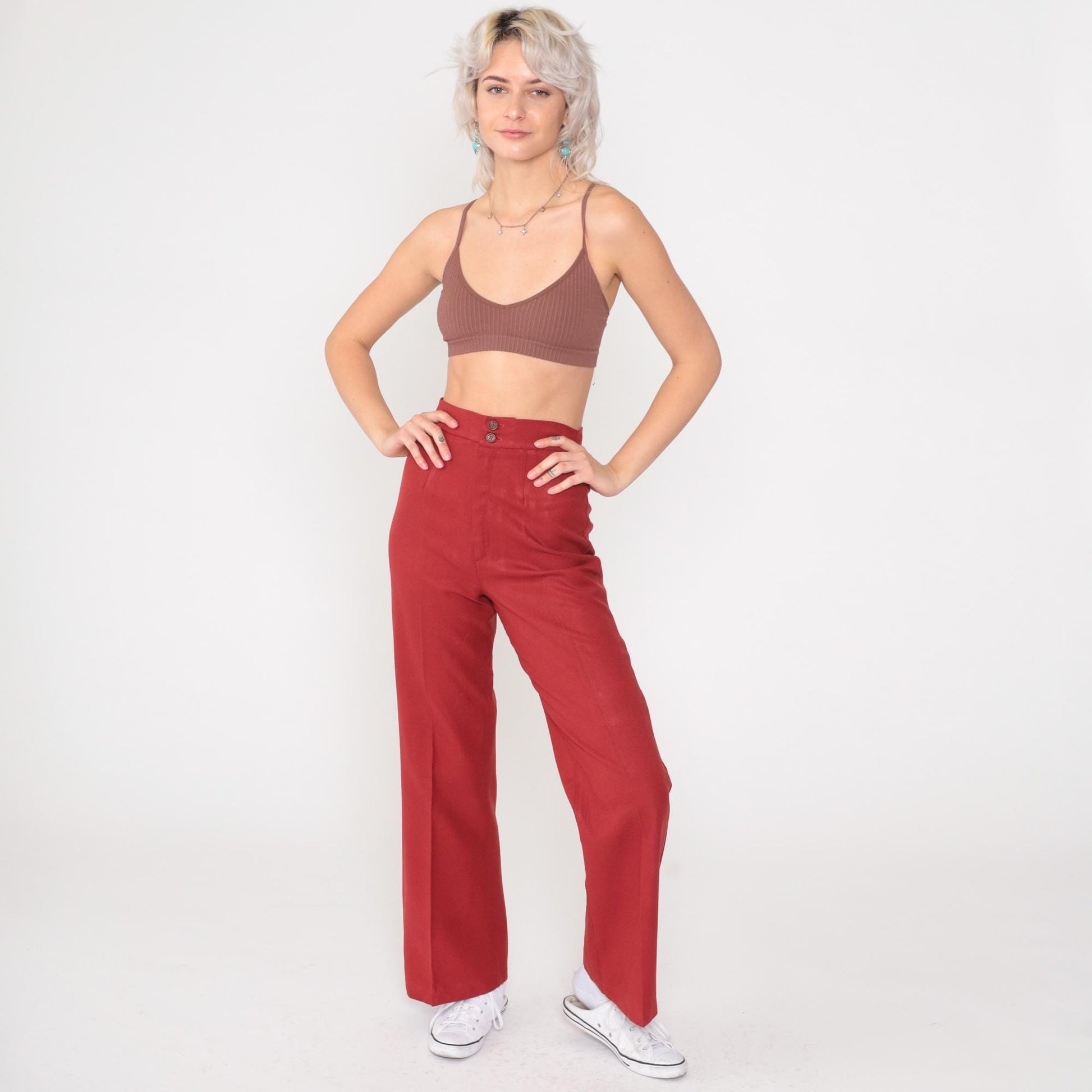 70s Red High-Waisted Flared Trousers Creased Leg Vintage Extra Small