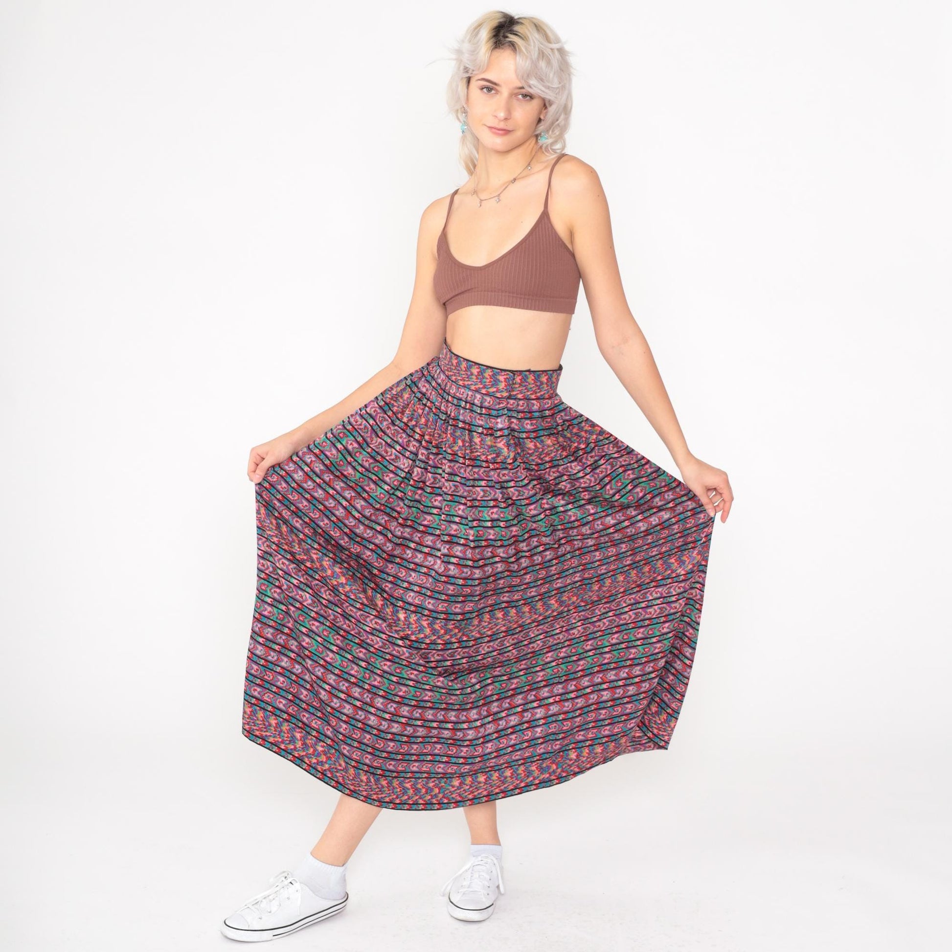 80s Oscar de la Renta Silk Midi Skirt Geometric Print Multicolor High Waist Extra Small