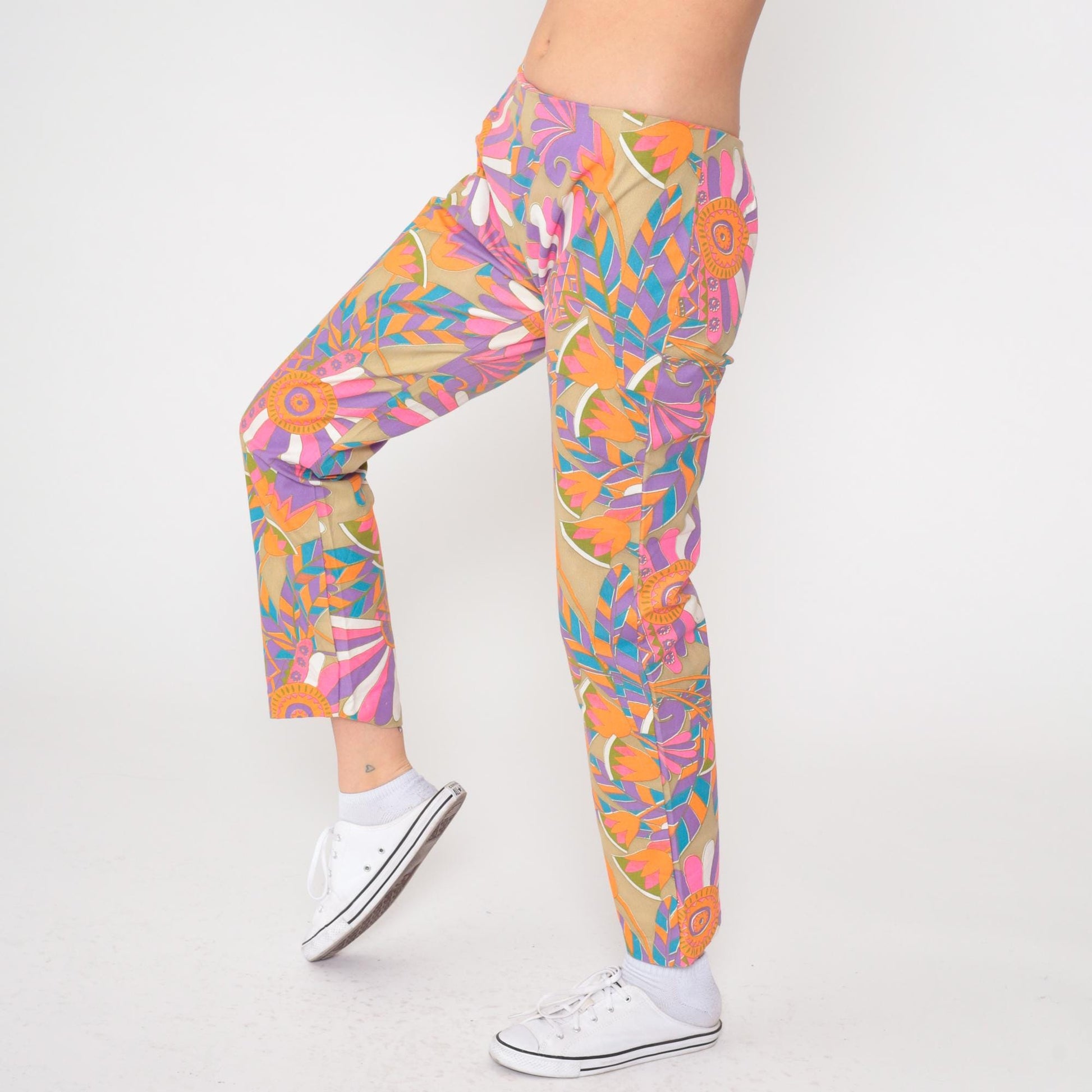 60s Psychedelic Floral Flare Pants Mid Rise Side Zip Medium
