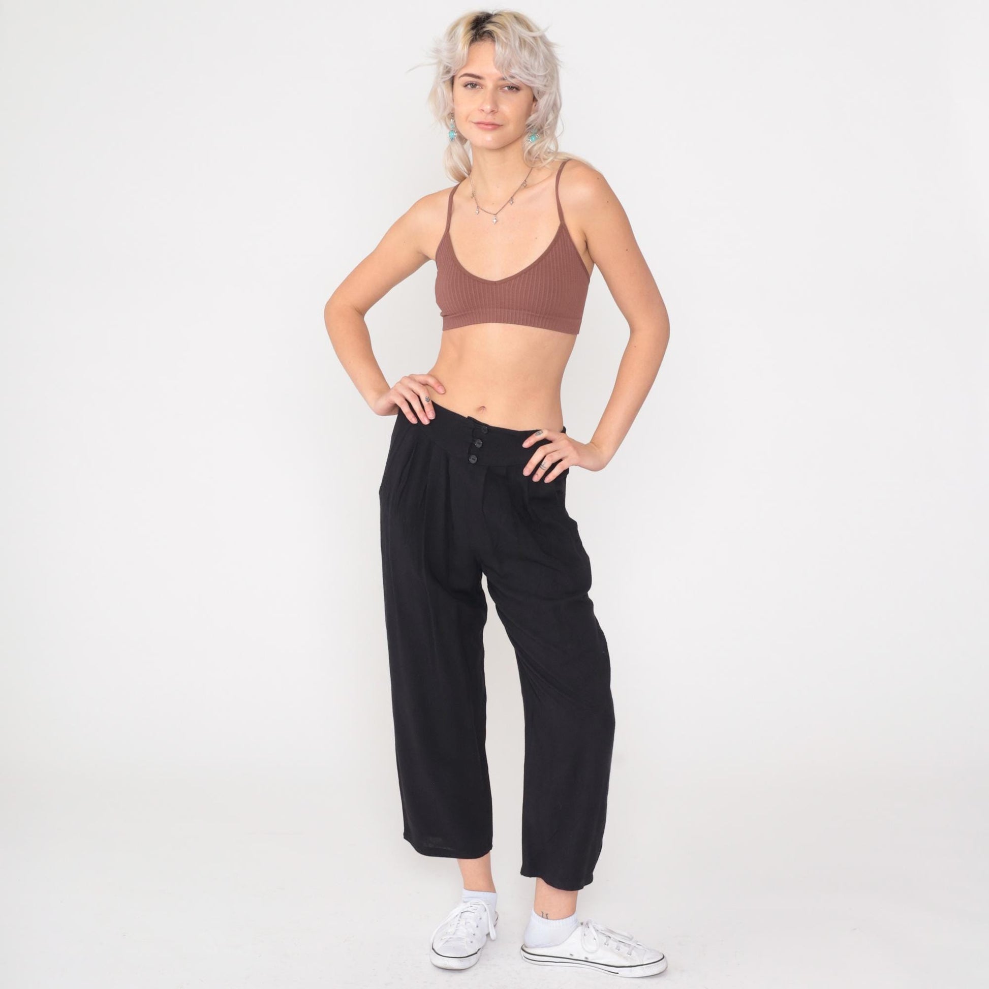 80s New Focus Black Pleated High-Waist Trousers Cropped Ankle XS