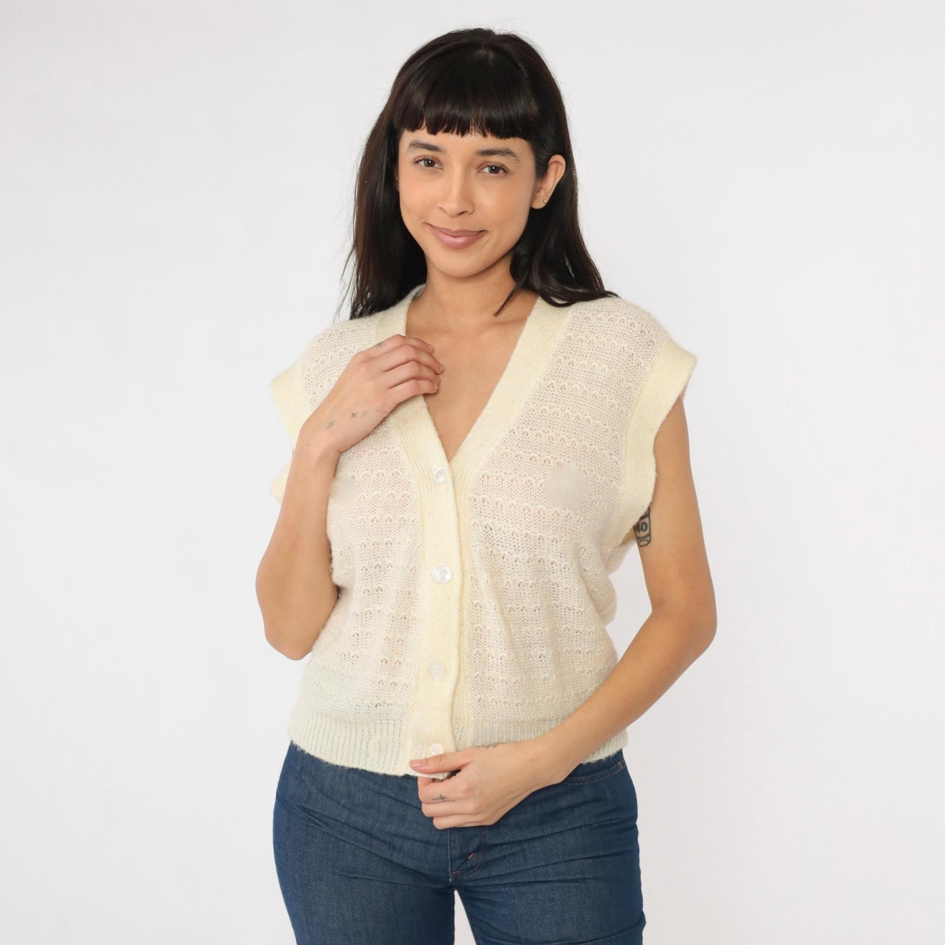 80s Cream Sheer Knit Vest Button-Up Sweater Cap Sleeve Small