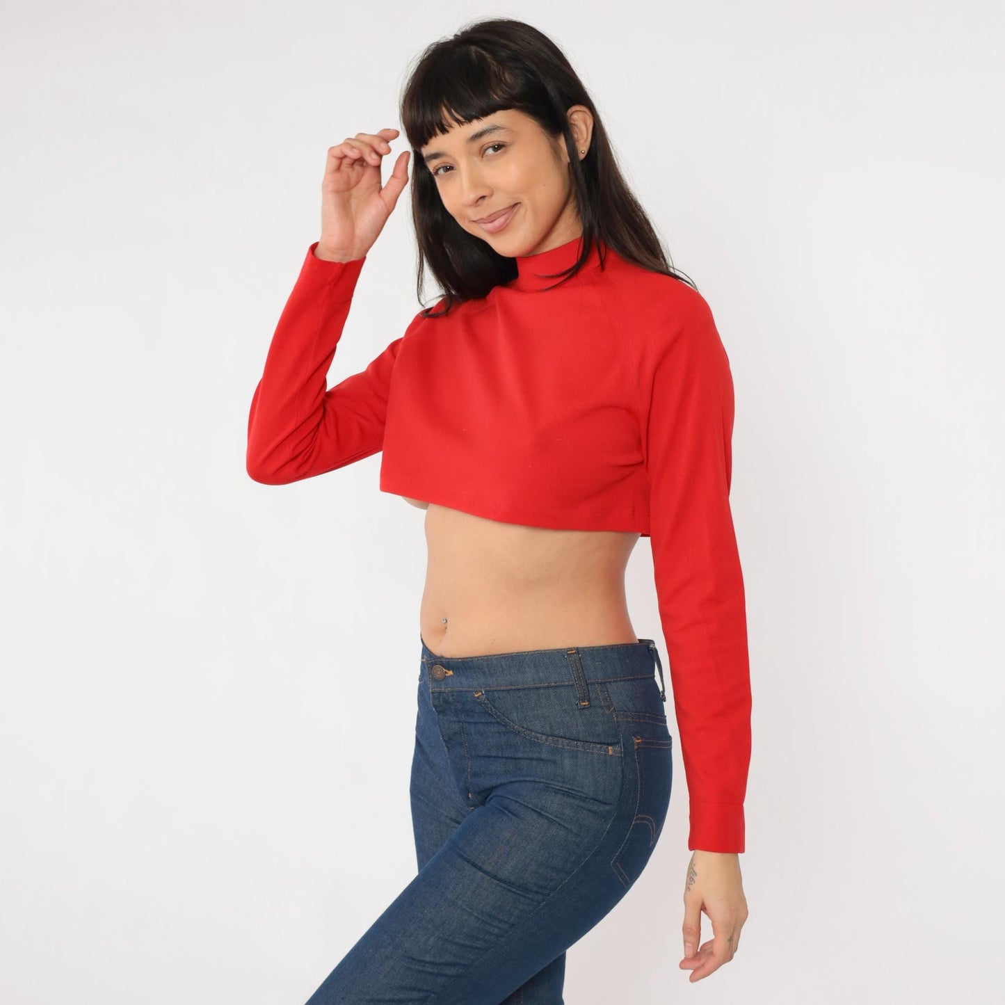 70s Red Crop Top Mock Neck Long Sleeve Nylon Knit Medium