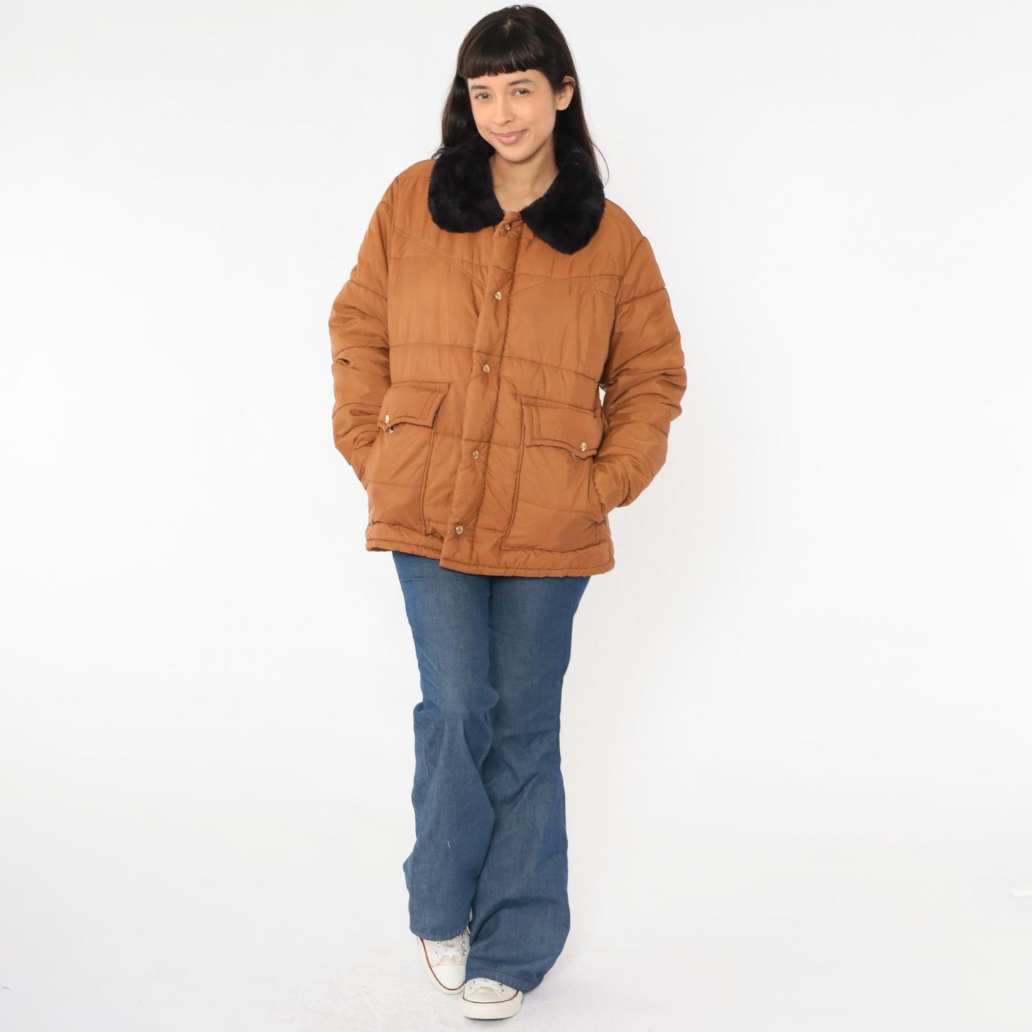 1970s Walls Blizzard Pruf Puffer Ski Jacket Brown Faux Fur Collar Large L
