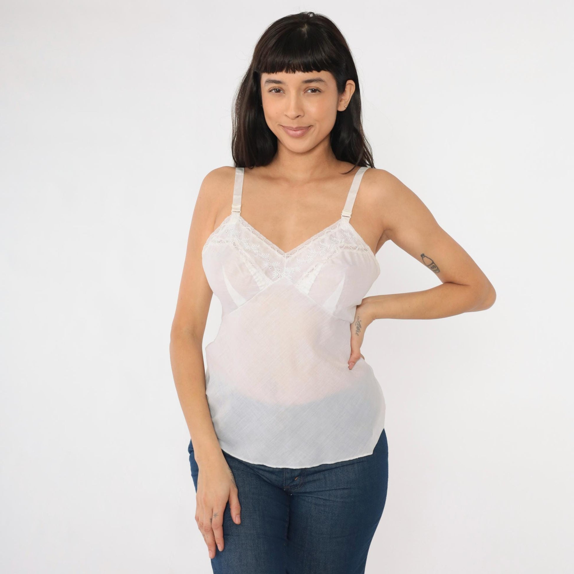 70s White Eyelet Embroidered Lace Camisole Spaghetti Strap Tank Small S
