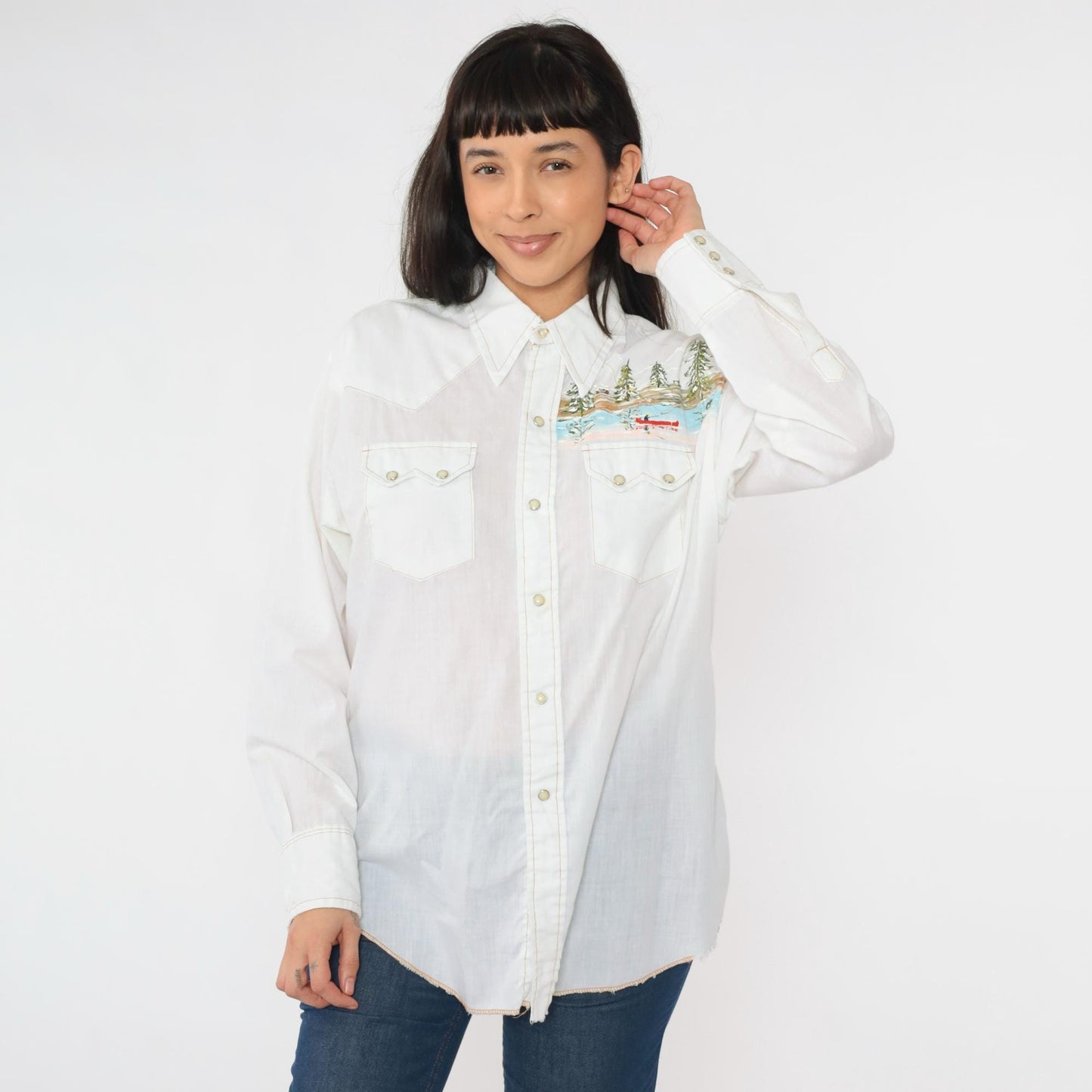 70s Dee-Cee Western Shirt Hand-Painted Fly Fishing Scene Pearl Snap Large L