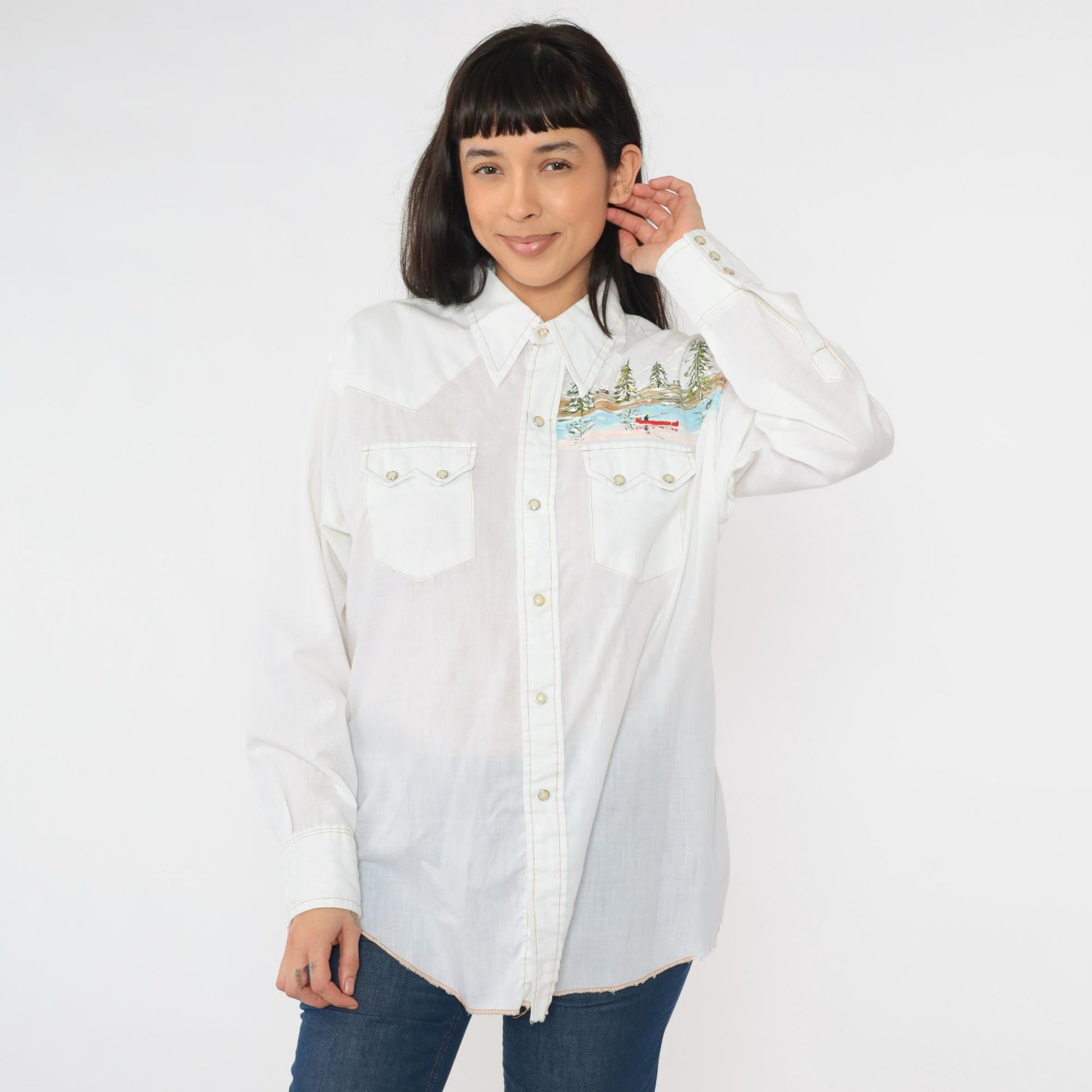 70s Dee-Cee Western Shirt Hand-Painted Fly Fishing Scene Pearl Snap Large L