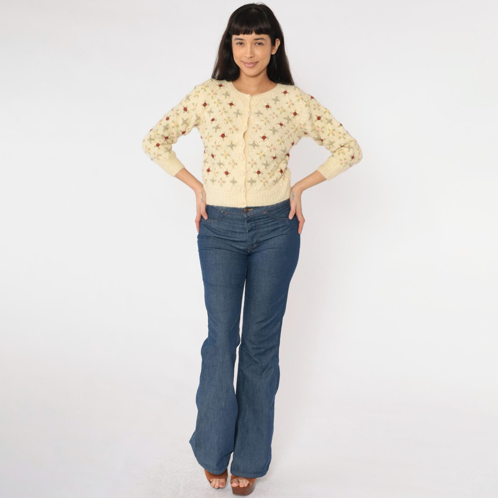 60s Wool Cardigan Cream Floral Embroidery Cropped 3/4 Sleeve Extra Small