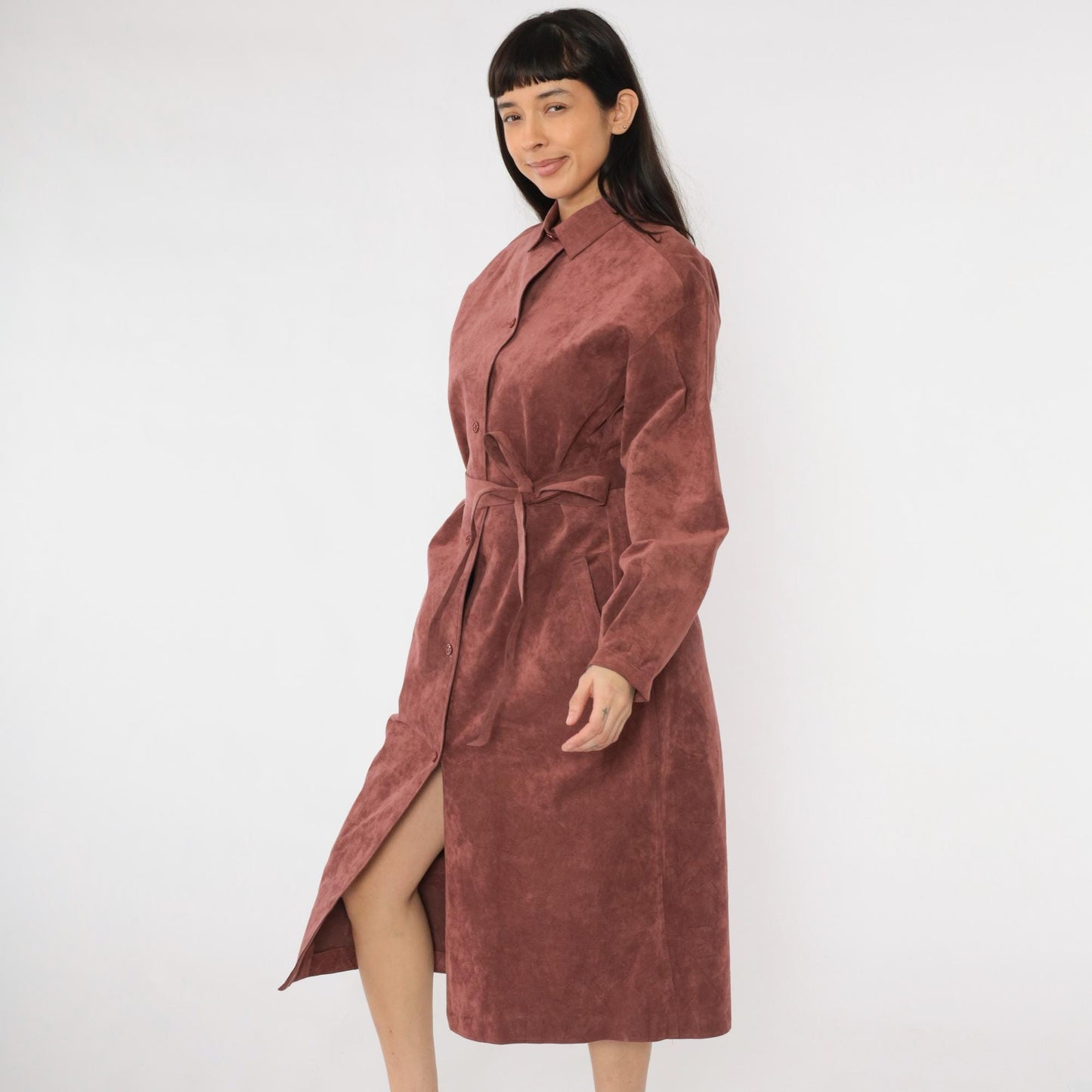 70s Halston Ultrasuede Trench Jacket Burnt Rose Belted Midi Large