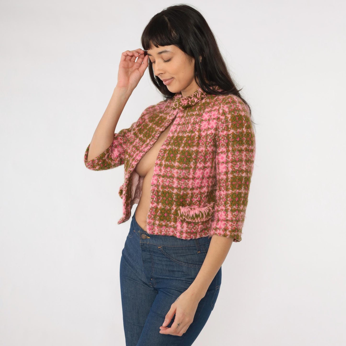 60s Pink Olive Plaid Wool Jacket Cropped Ruffled Collar Extra Small