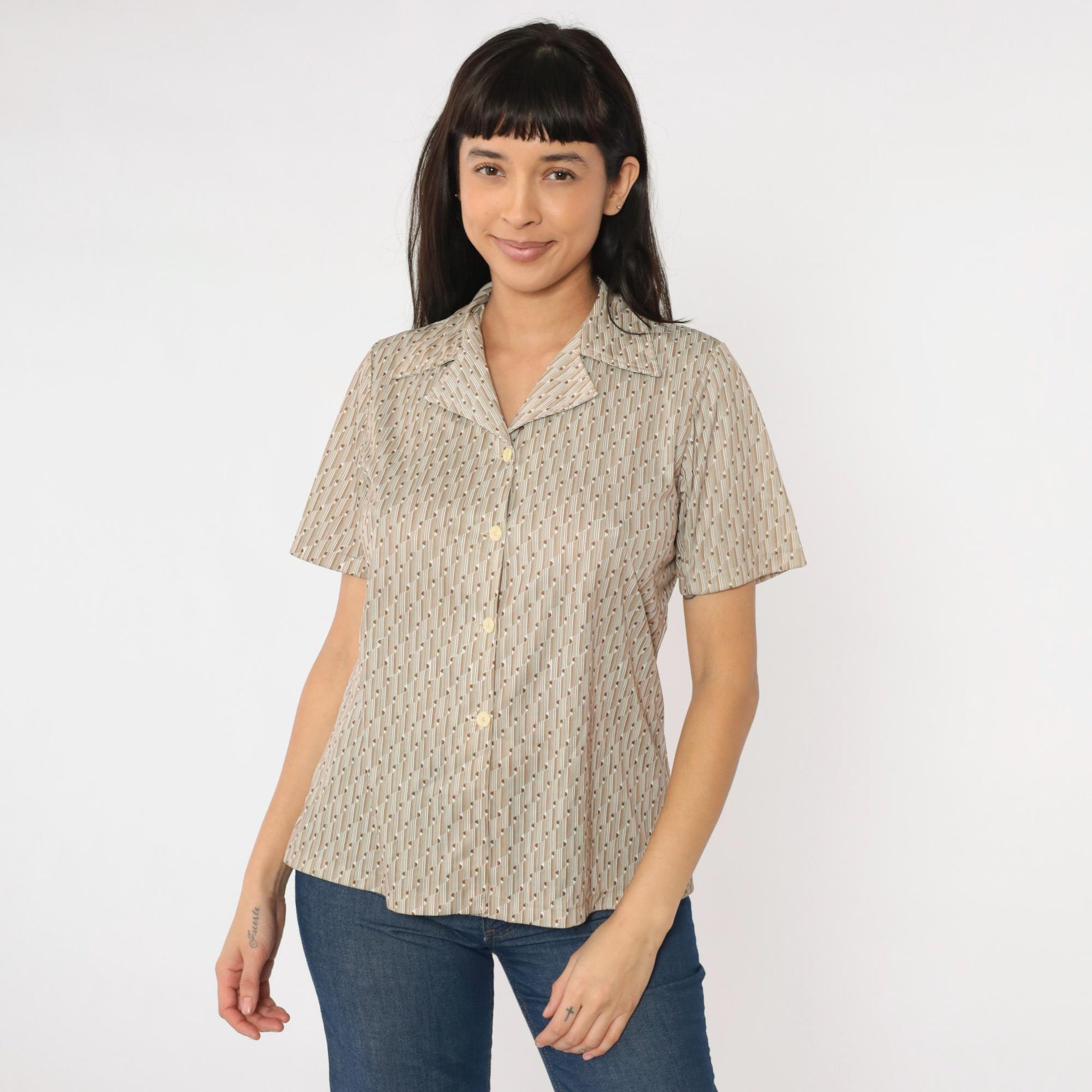 70s Op Art Geometric Blouse White Brown Disco Shirt Short Sleeve Medium
