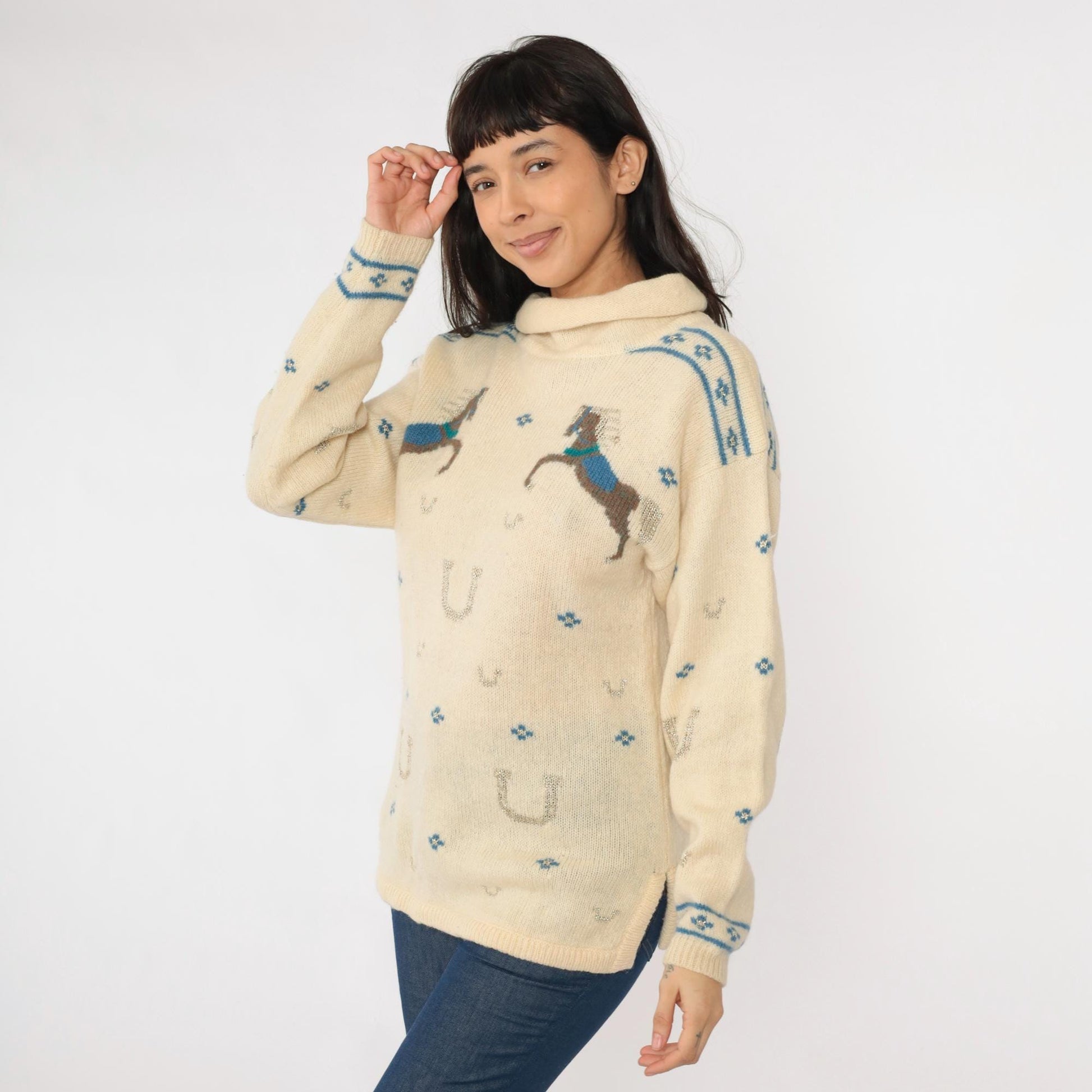 80s Kristin for Millers Wool Horse Sweater Cream Mock Neck Equestrian Medium