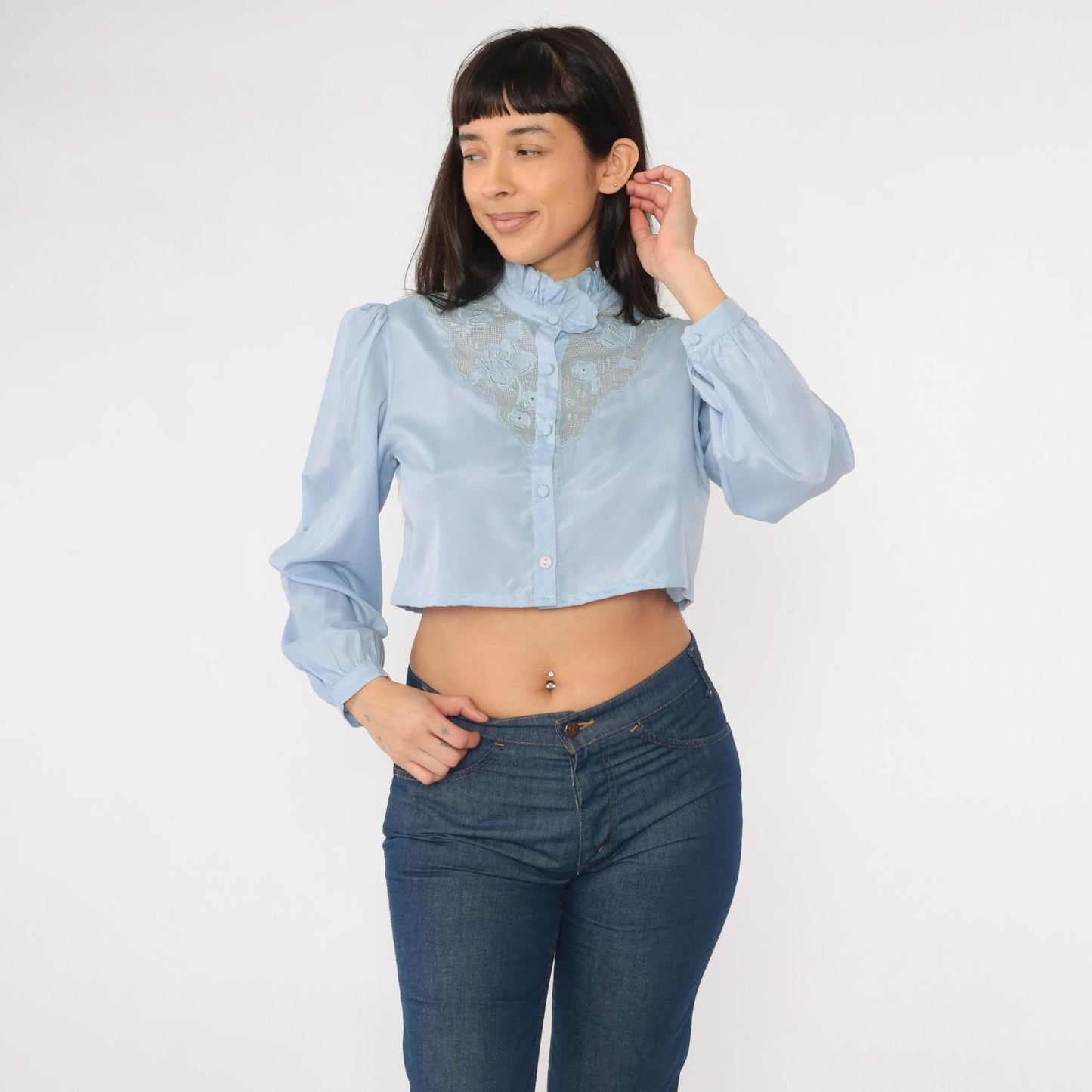 80s Light Blue Victorian Crop Top Puff Sleeve Button Up Blouse Small Medium