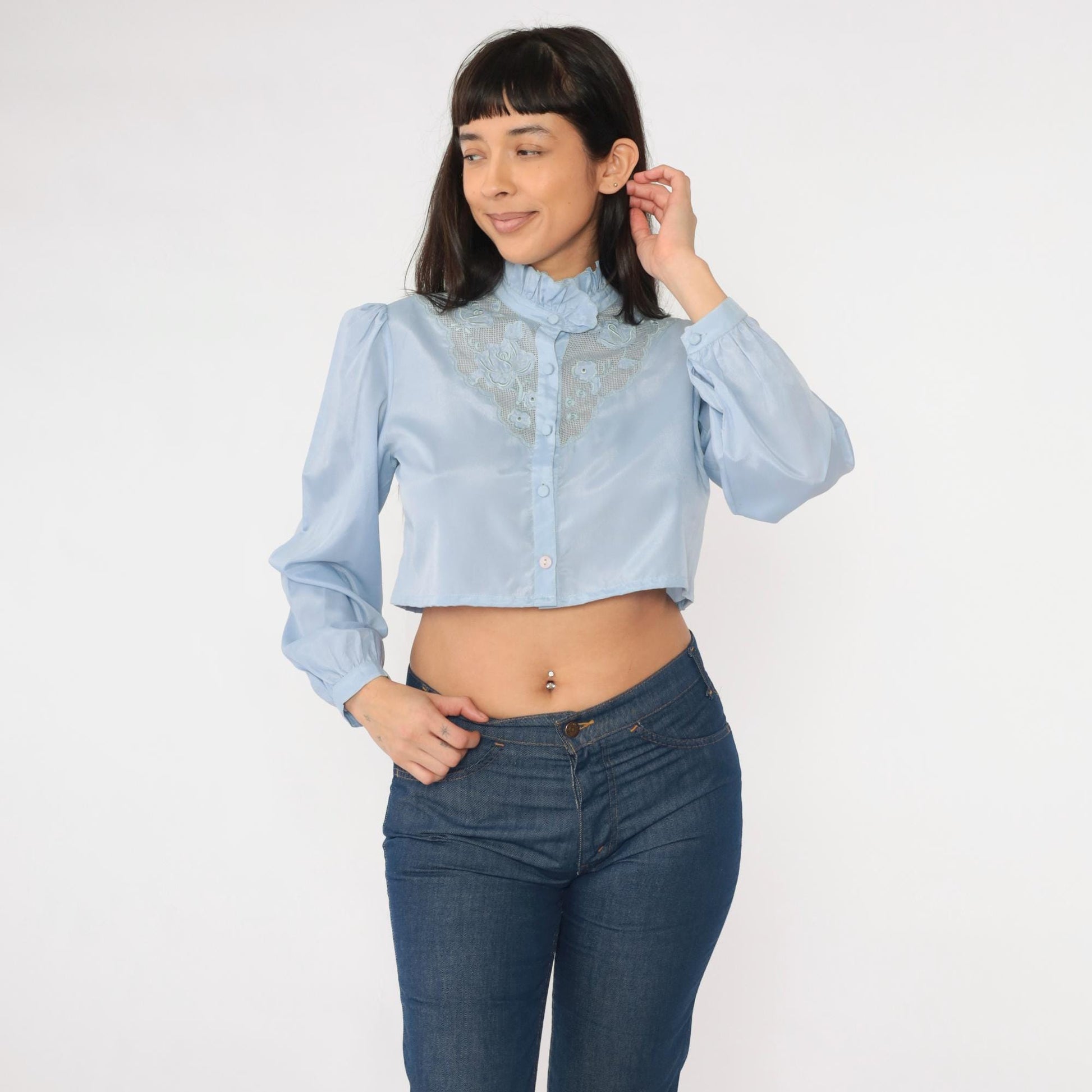 80s Light Blue Victorian Crop Top Puff Sleeve Button Up Blouse Small Medium