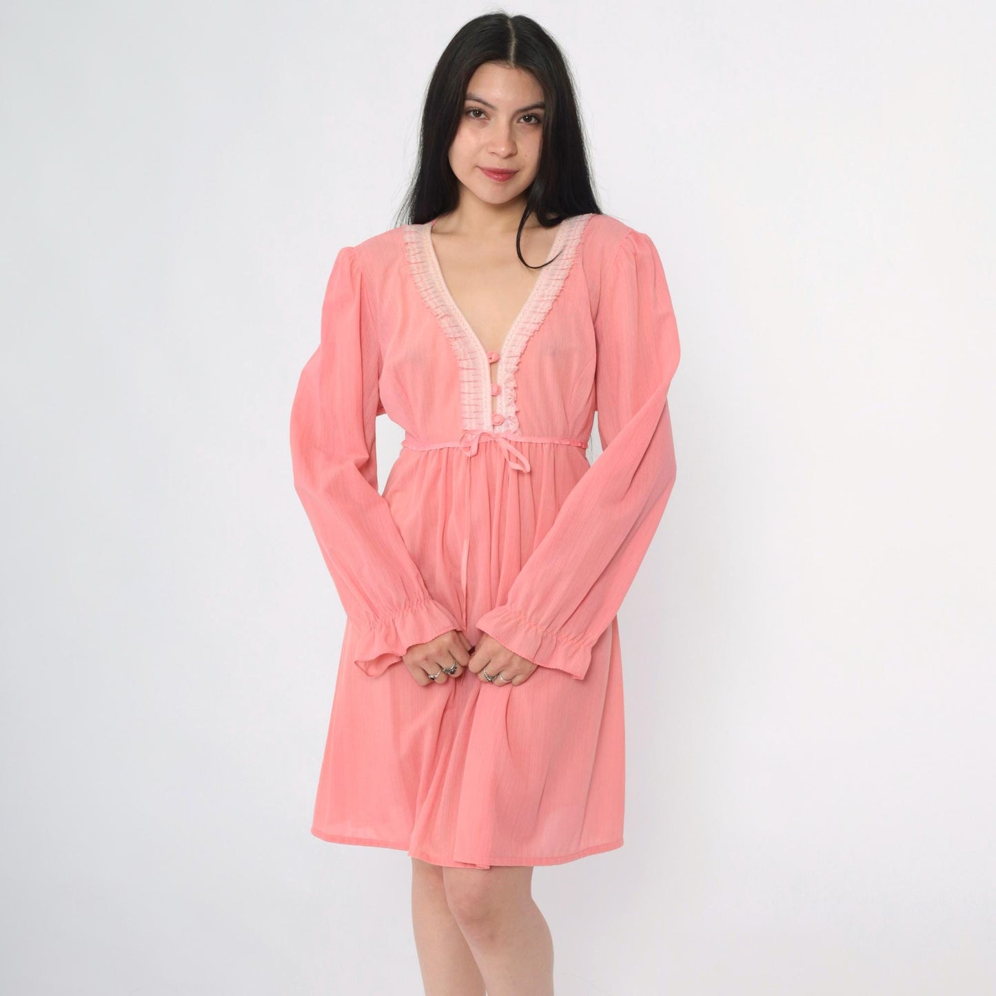 70s Pink Babydoll Dress Puff Sleeve Empire Waist Mini Sheer Ruffle Trim Large