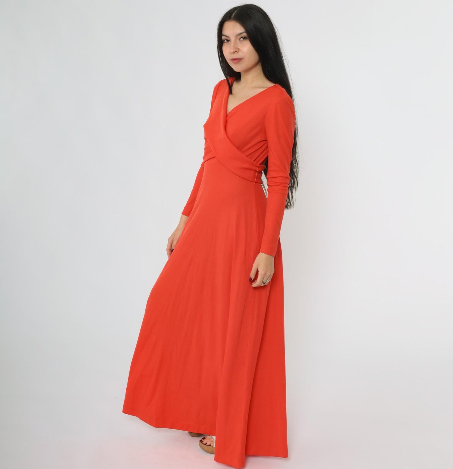 70s Grecian Maxi Dress Red-Orange Wrap Front V-Neck Long Sleeve Medium
