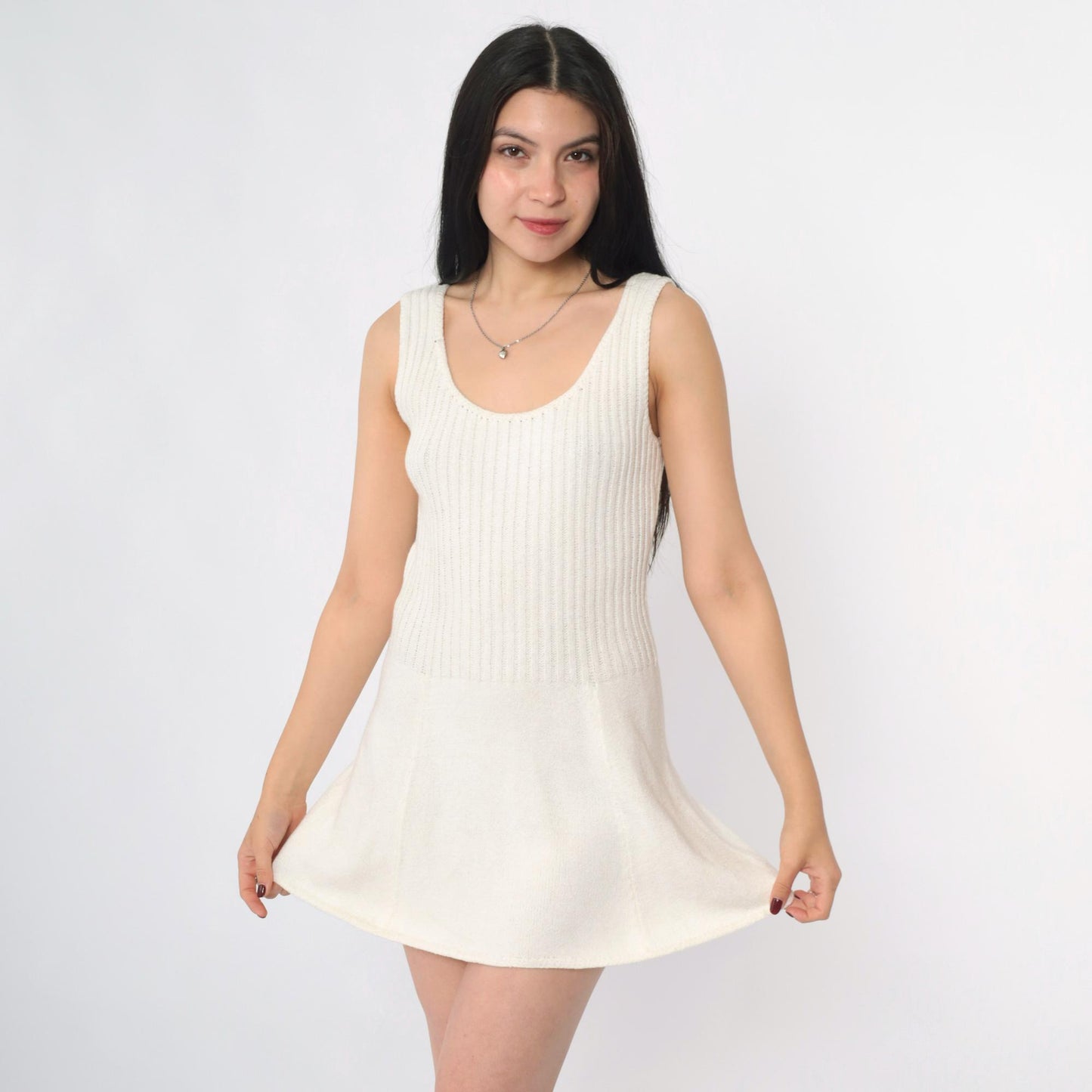 60s Tennisknit Hampton Court Off-White Knit Mini Dress Scoop Neck Drop Waist XS