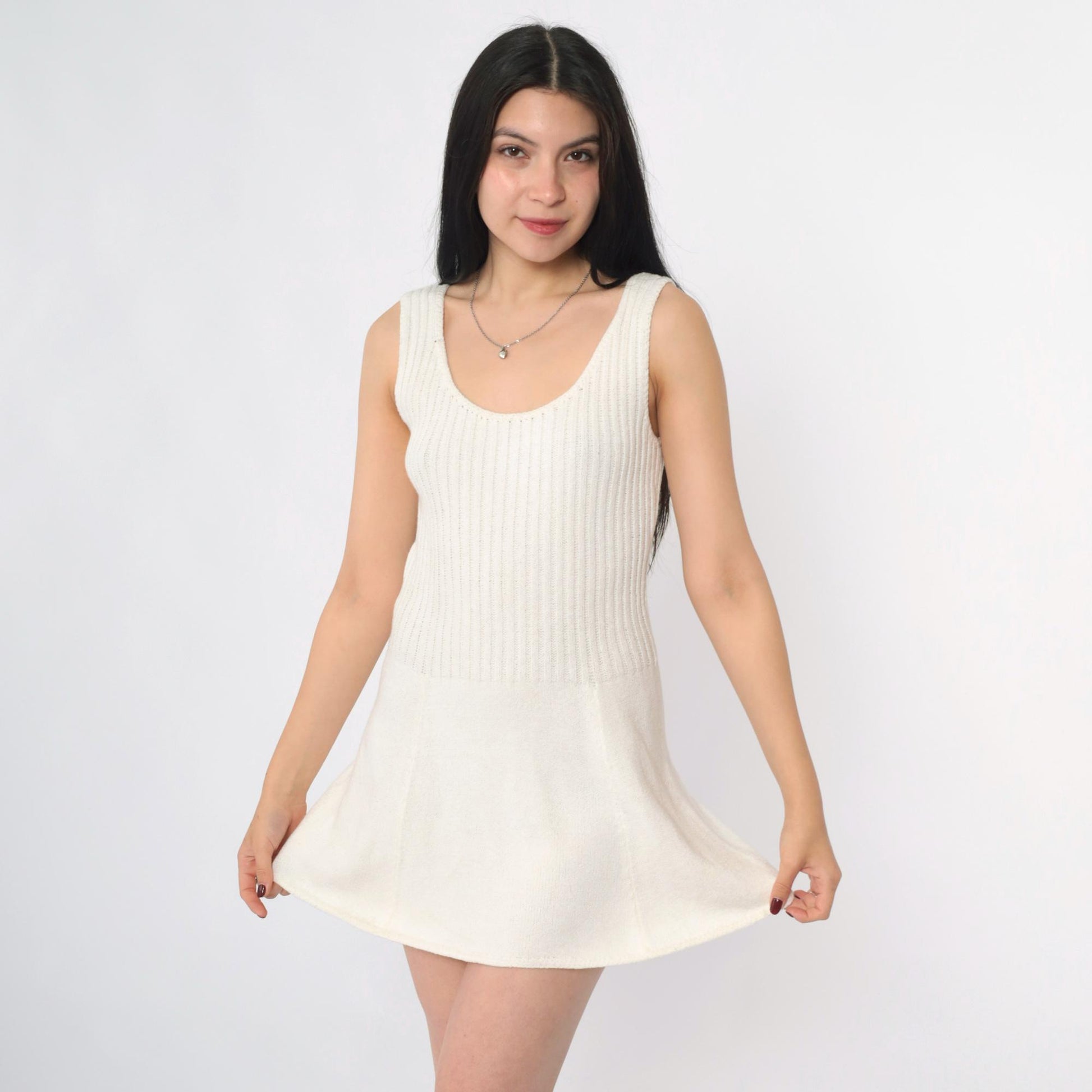 60s Tennisknit Hampton Court Off-White Knit Mini Dress Scoop Neck Drop Waist XS