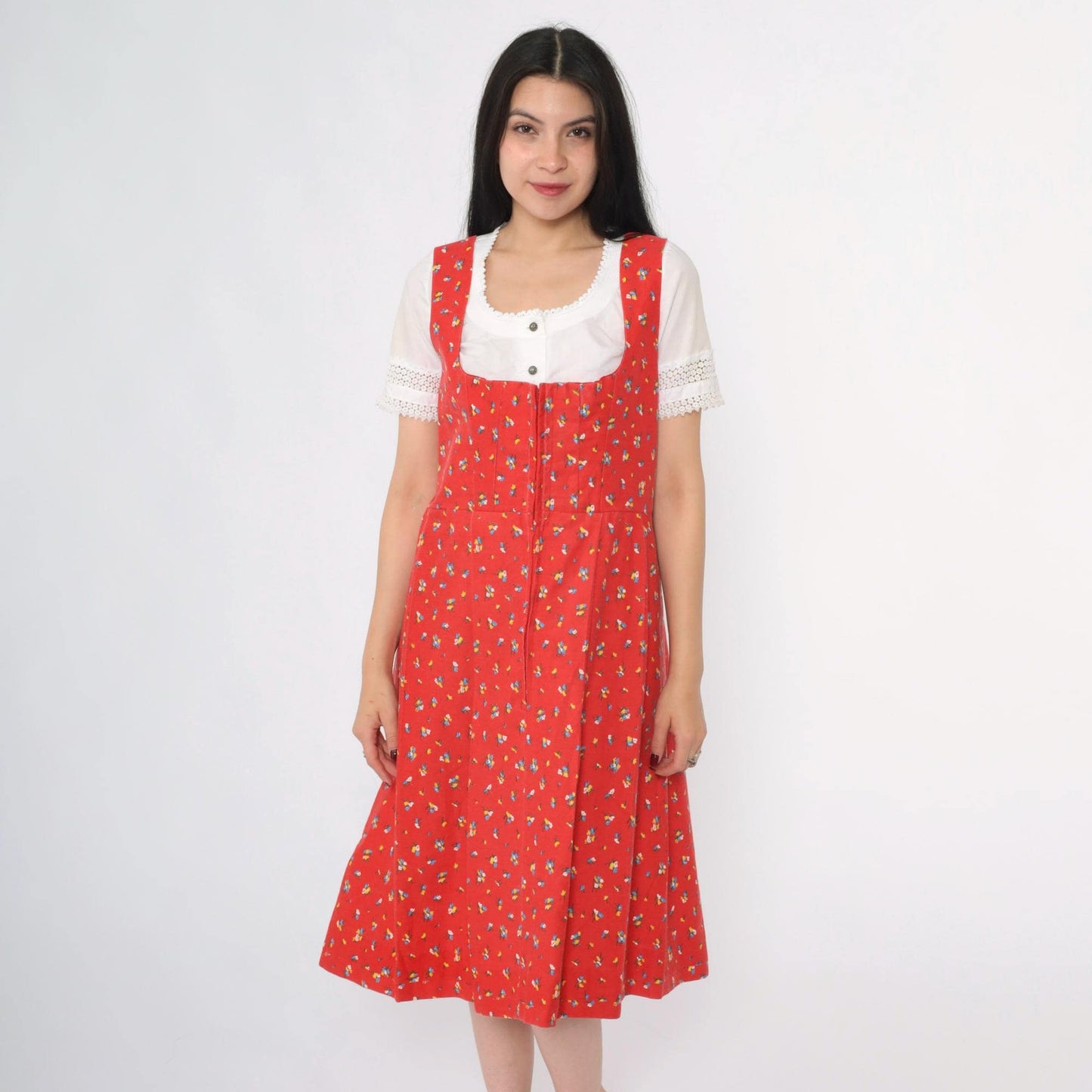 70s Red Calico Floral Dirndl Midi Dress Sleeveless High Waist Zip Medium