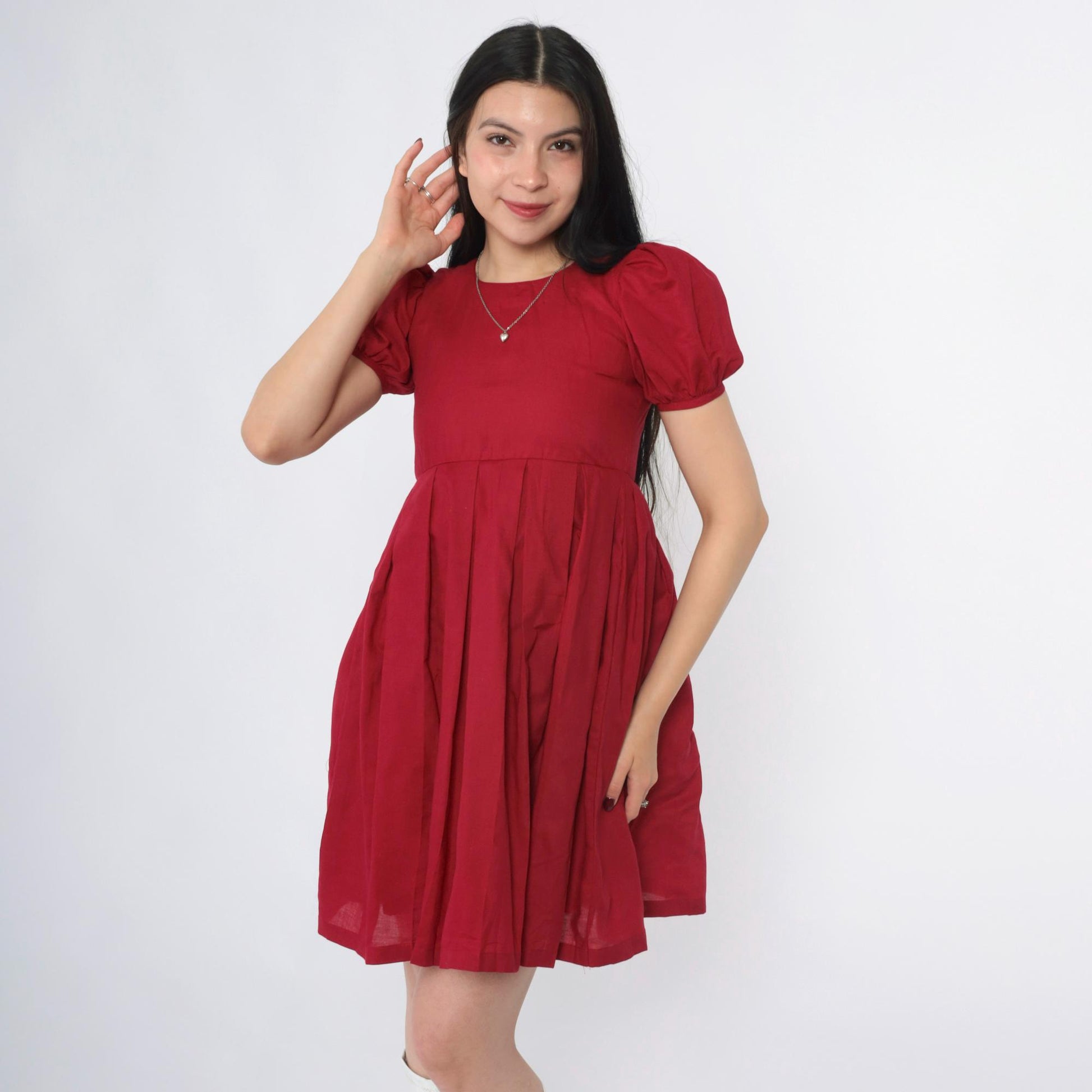 80s Burgundy Puff Sleeve Mini Dress High Waist Pleated Babydoll XXS