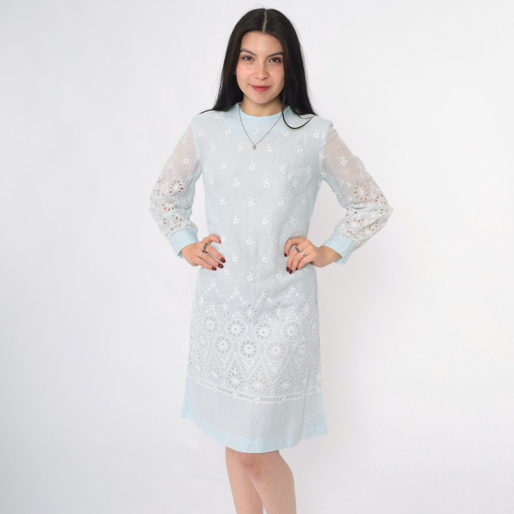60s Howard Wolf Baby Blue Eyelet Lace Mini Dress Long Sleeve Small S