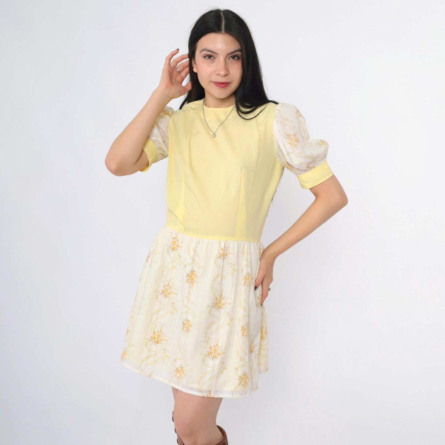 70s Puff Sleeve Floral Mini Dress Yellow White High Waist Small