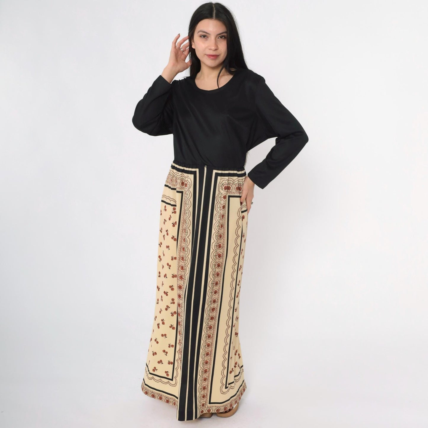 70s Lorac Original Floral Maxi Dress Black Scarf Print High Waist Long Sleeve Extra Large