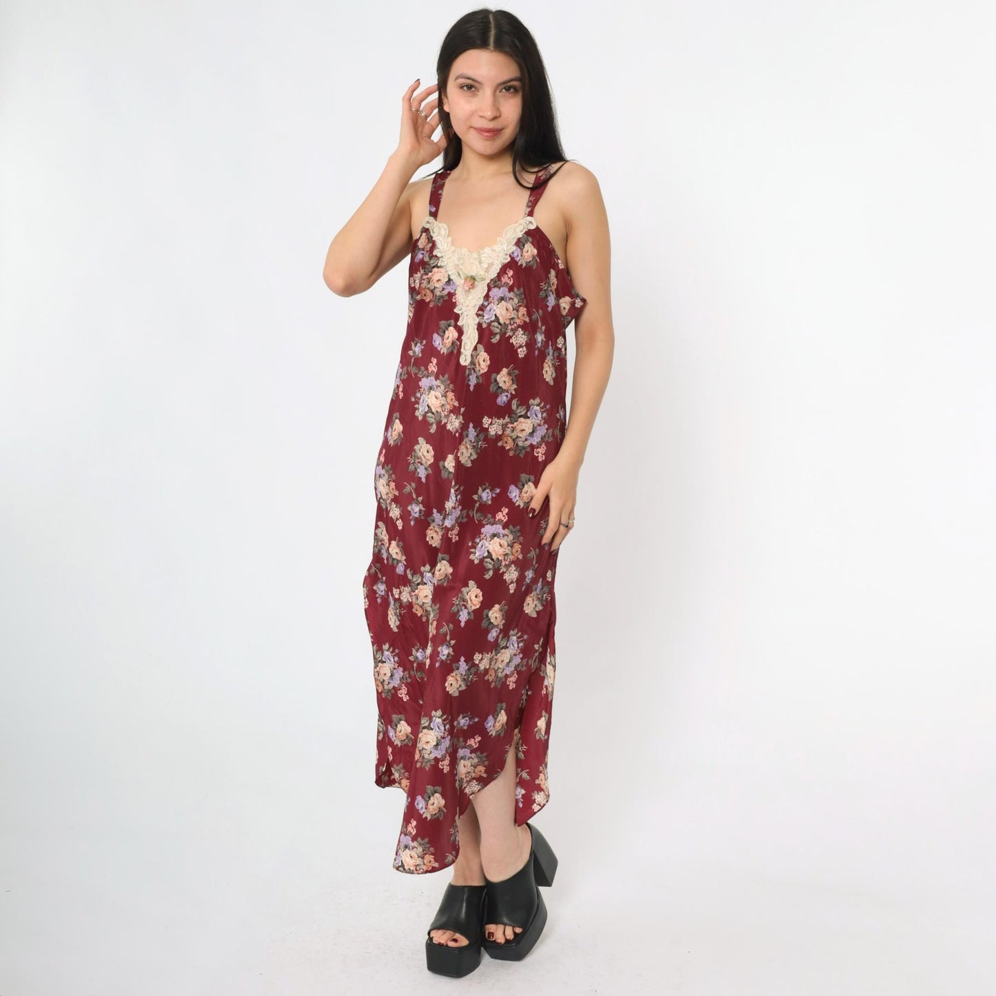 90s Burgundy Floral Satin Slip Dress Lace Trim Deep V Back Midi Medium