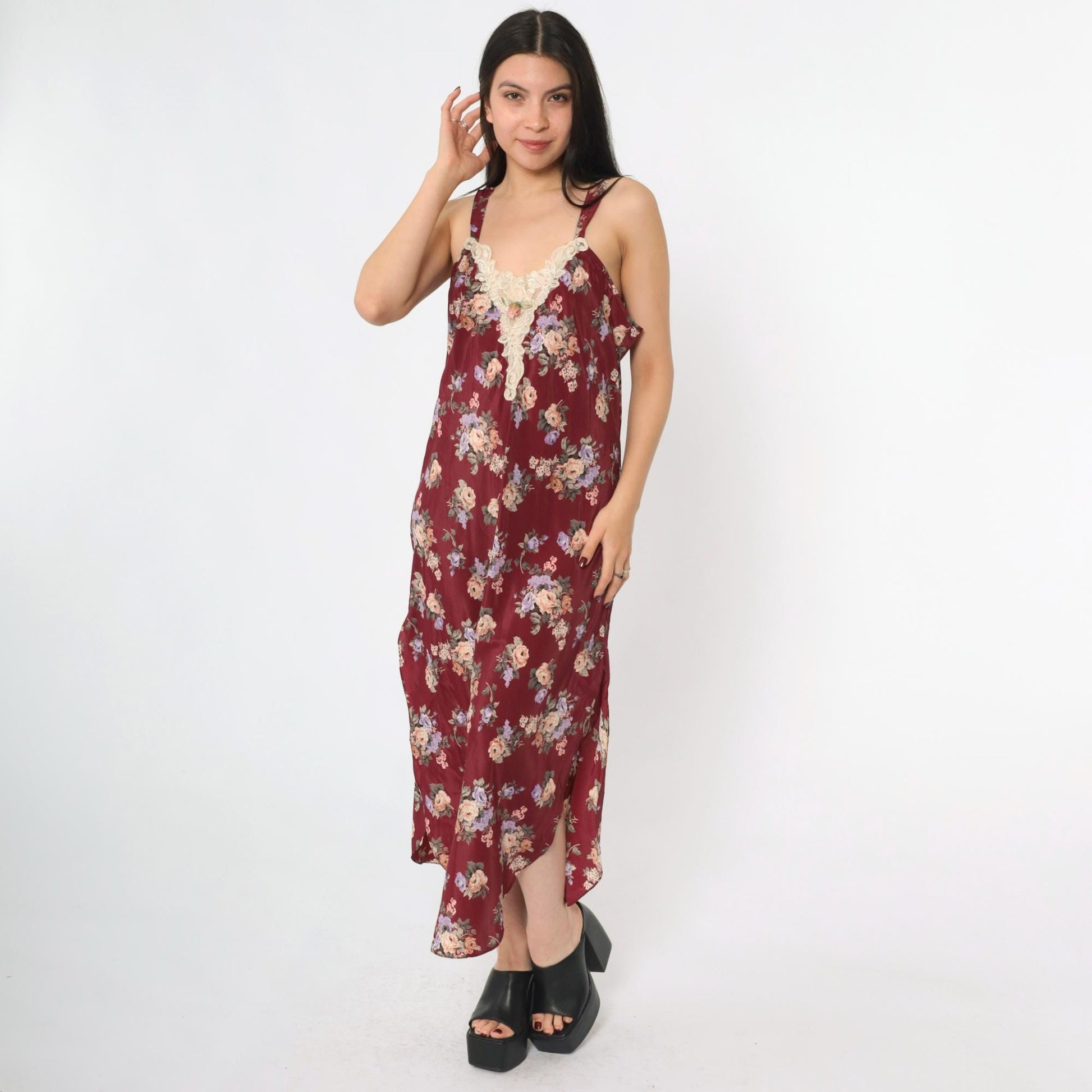 90s Burgundy Floral Satin Slip Dress Lace Trim Deep V Back Midi Medium