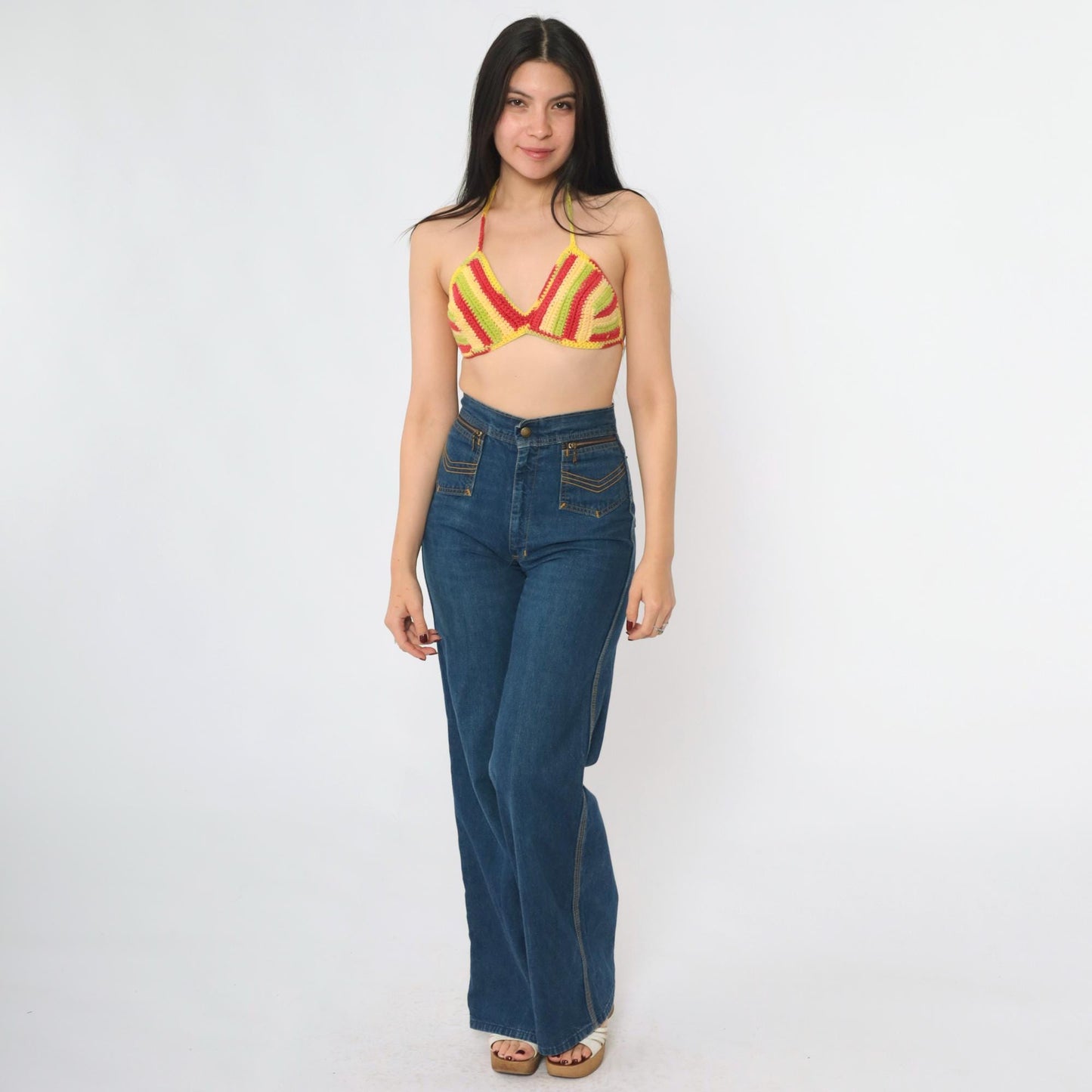 Y2K Striped Crochet Halter Bikini Top Red Yellow Green Triangle Crop Extra Small