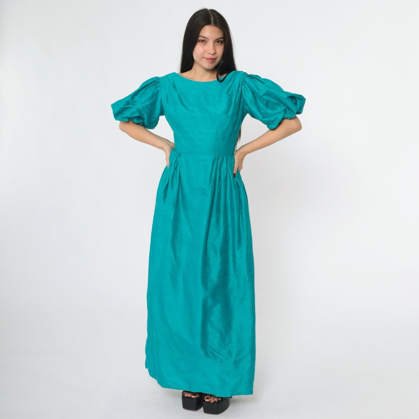 80s House of Bianchi Teal Silk Puff Sleeve Maxi Gown Low Back Extra Small