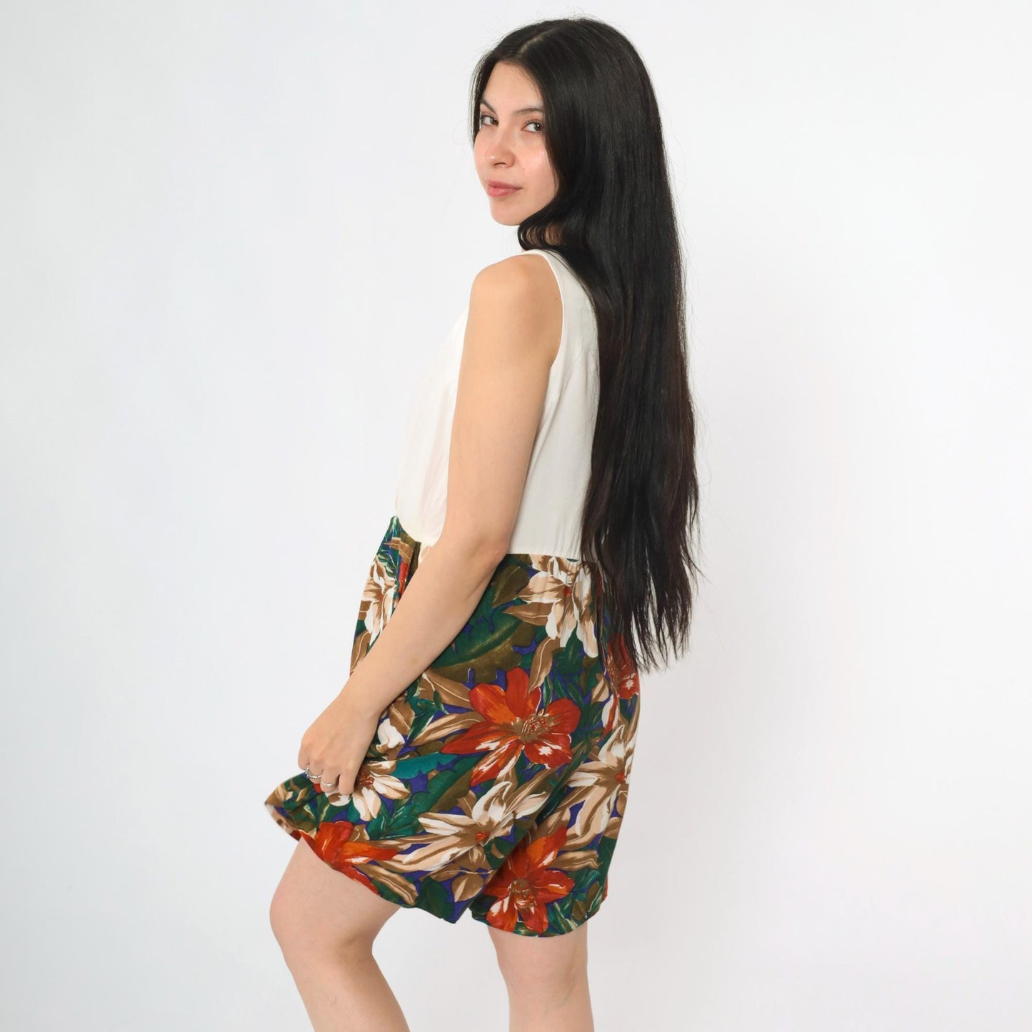 90s Tropical Floral White Romper Pleated Wide Leg Sleeveless Medium