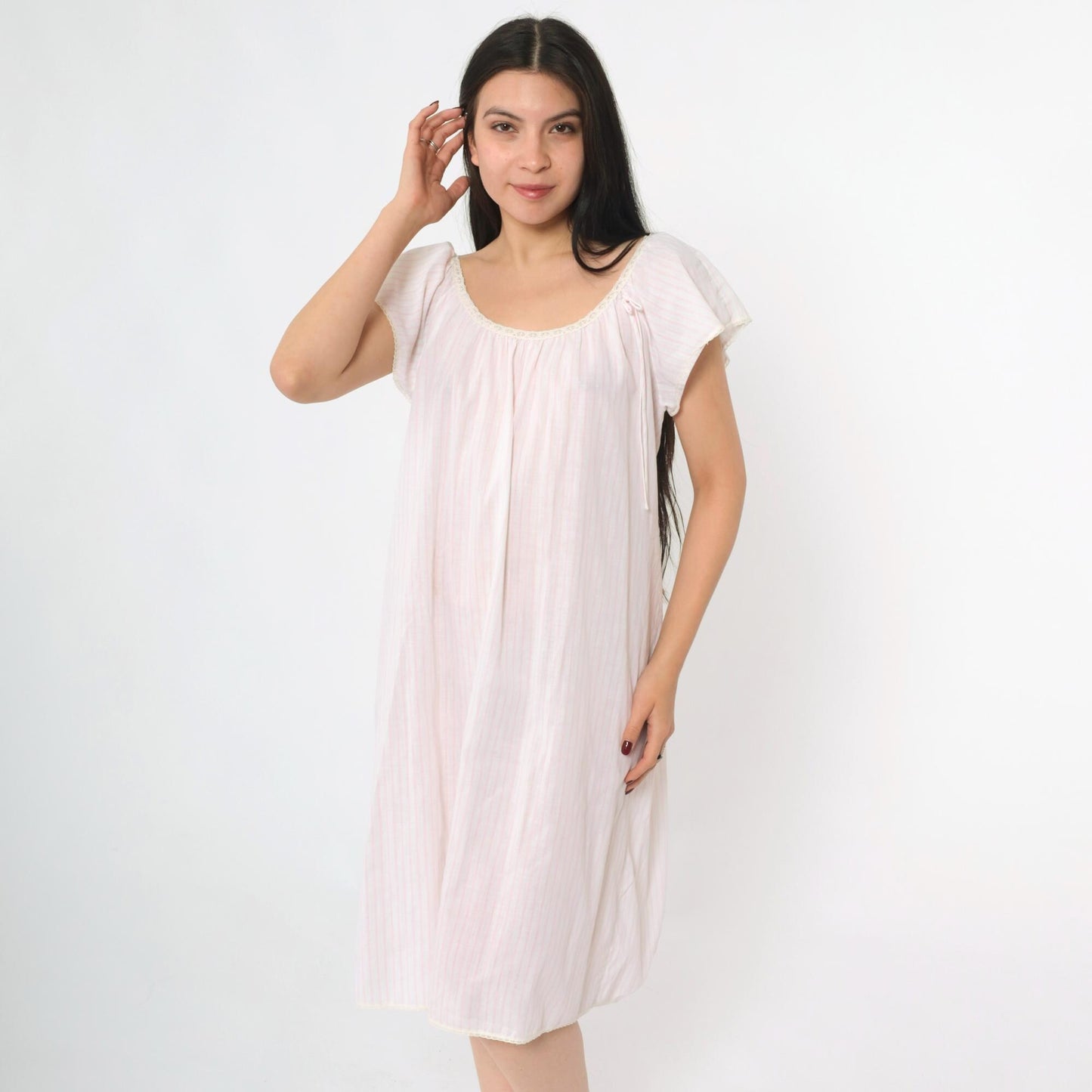 80s Miss Elaine Pink Striped Midi Nightgown Lace Scoop Neck Medium