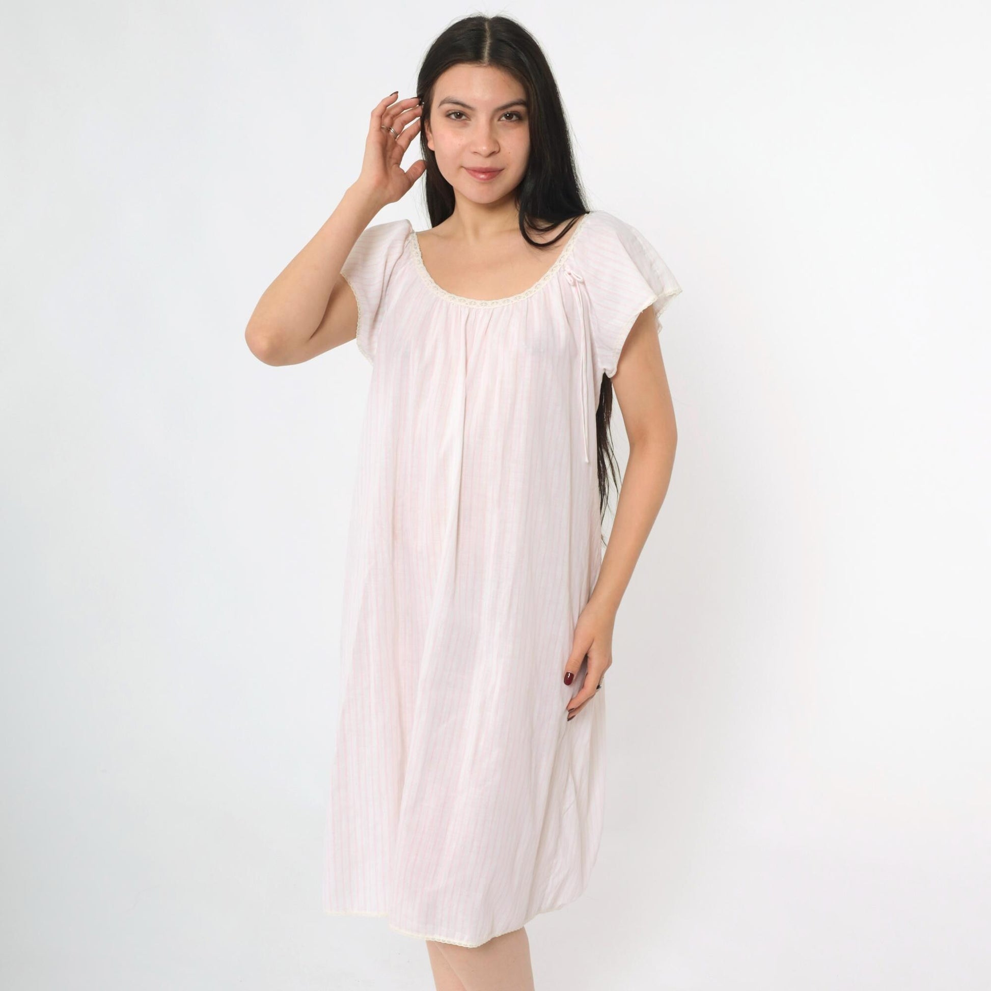 80s Miss Elaine Pink Striped Midi Nightgown Lace Scoop Neck Medium