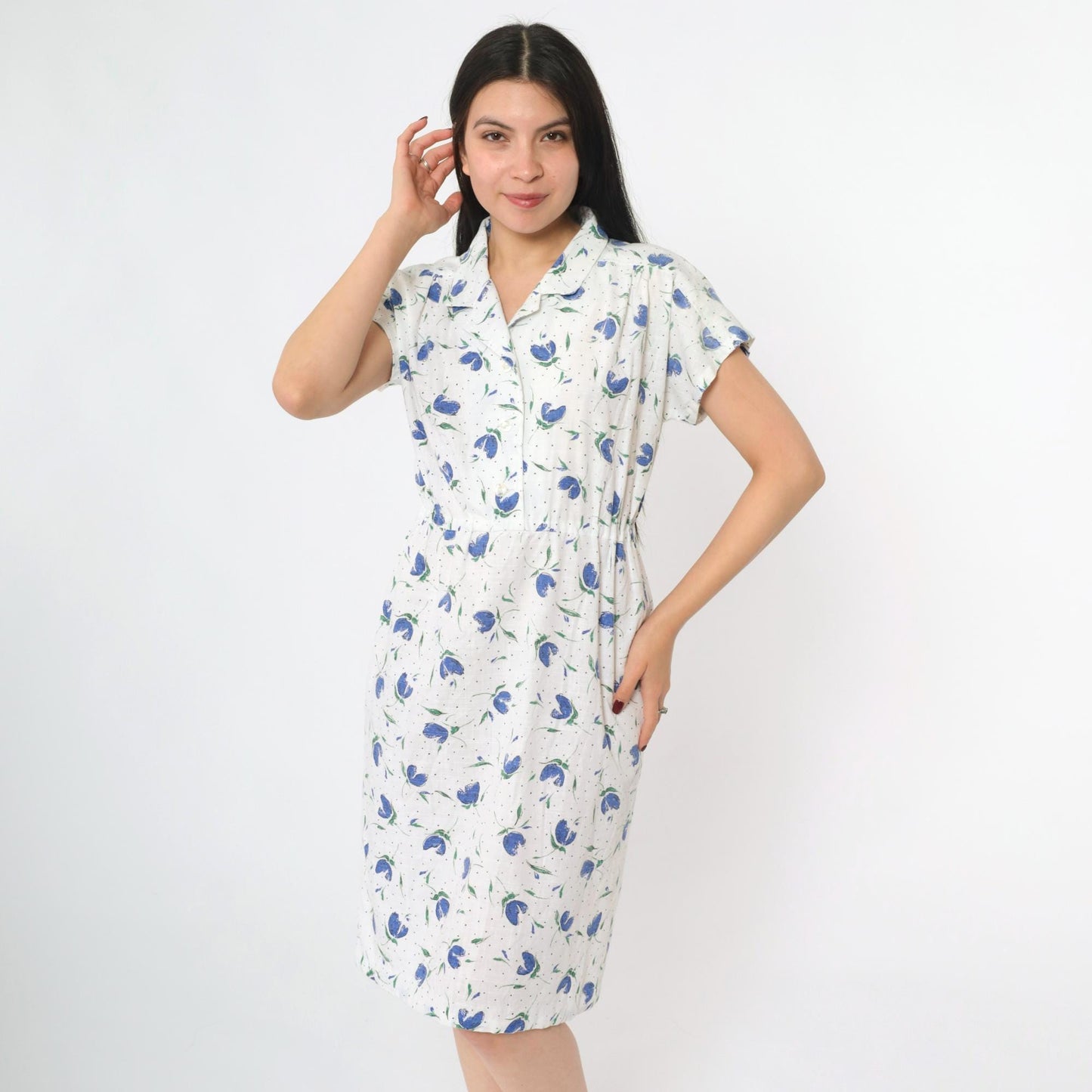 80s White Blue Floral Midi Shirtdress High Waist Button Front Small