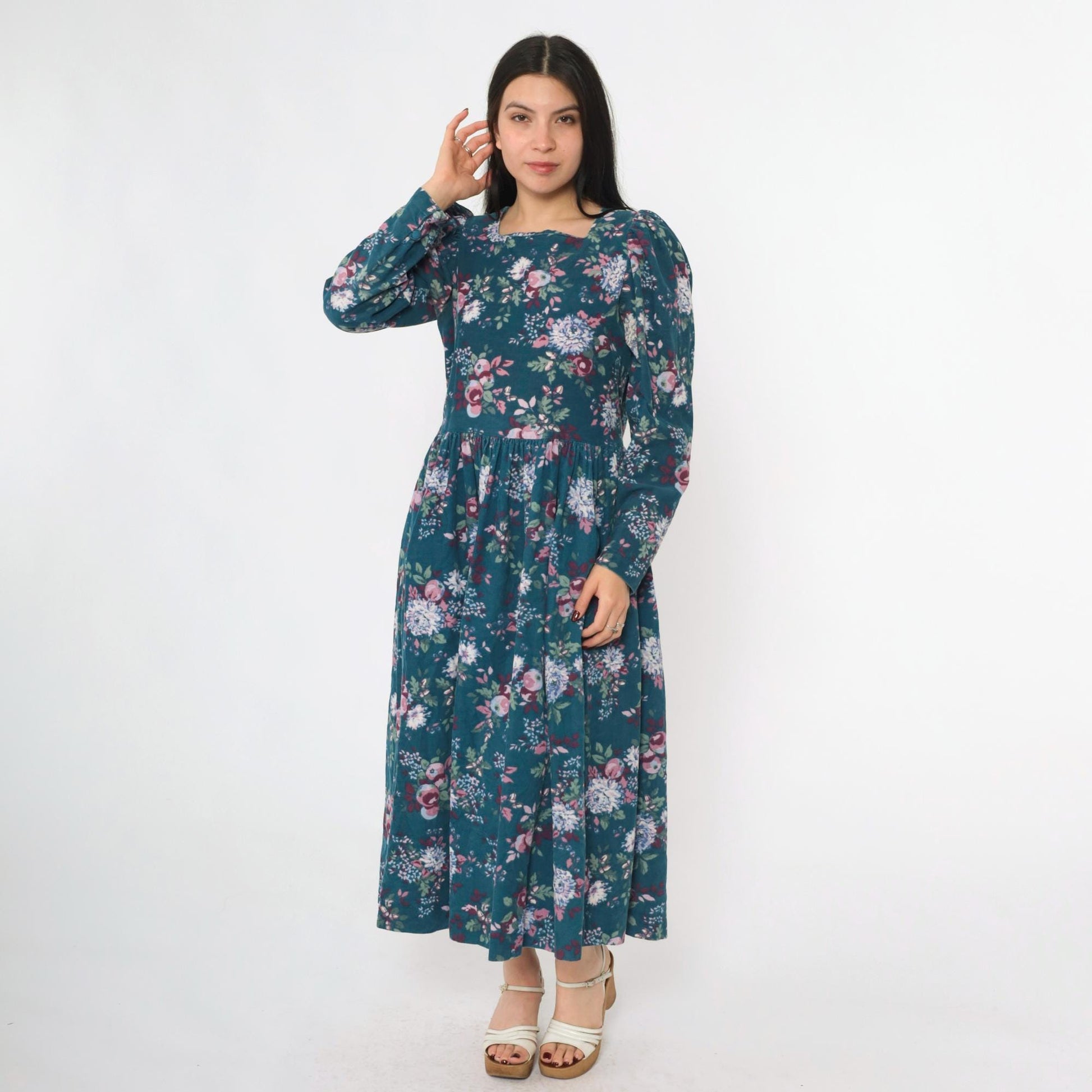 80s Laura Ashley Corduroy Floral Midi Dress Teal Puff Sleeve Medium