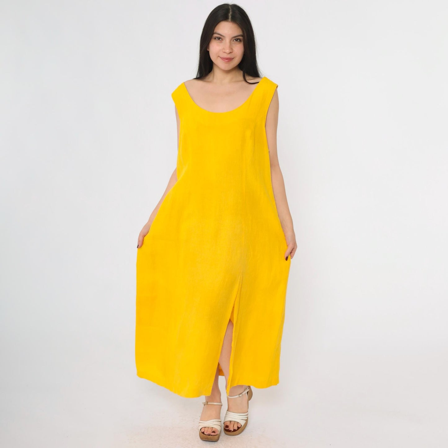 90s Navora Yellow Linen Maxi Dress Cutout Back O-Ring Straps Large L