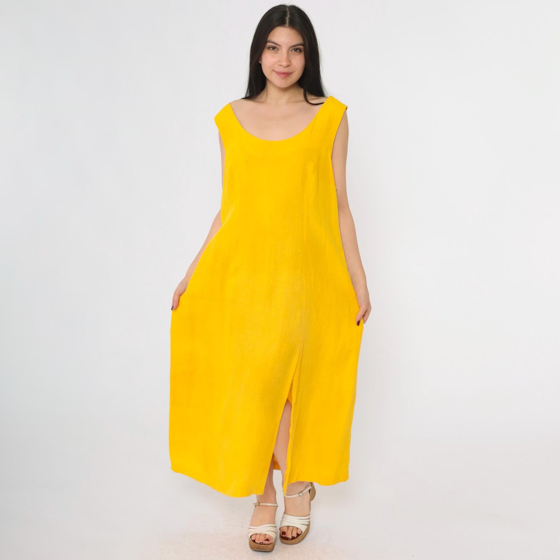 90s Navora Yellow Linen Maxi Dress Cutout Back O-Ring Straps Large L