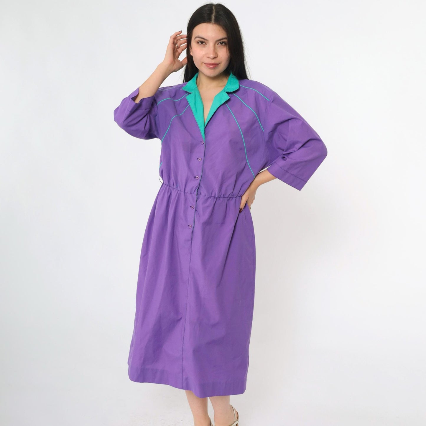 80s Purple Shirtdress Turquoise Collar Midi Button-Up High Waist Medium