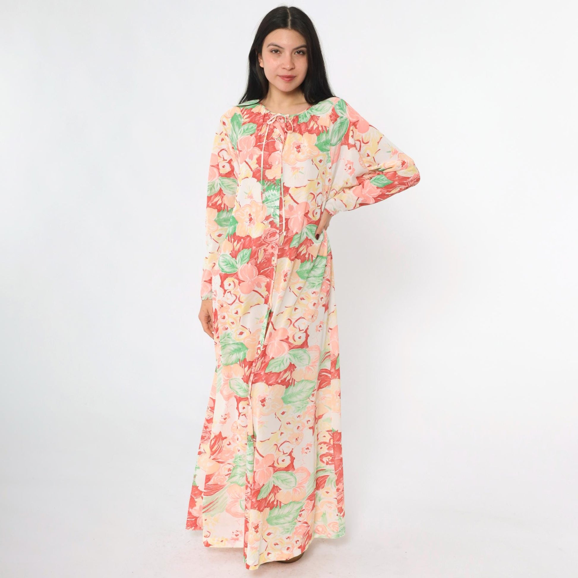 70s Gossard Artemis Floral Maxi Nightgown Long Sleeve Button Front Small S