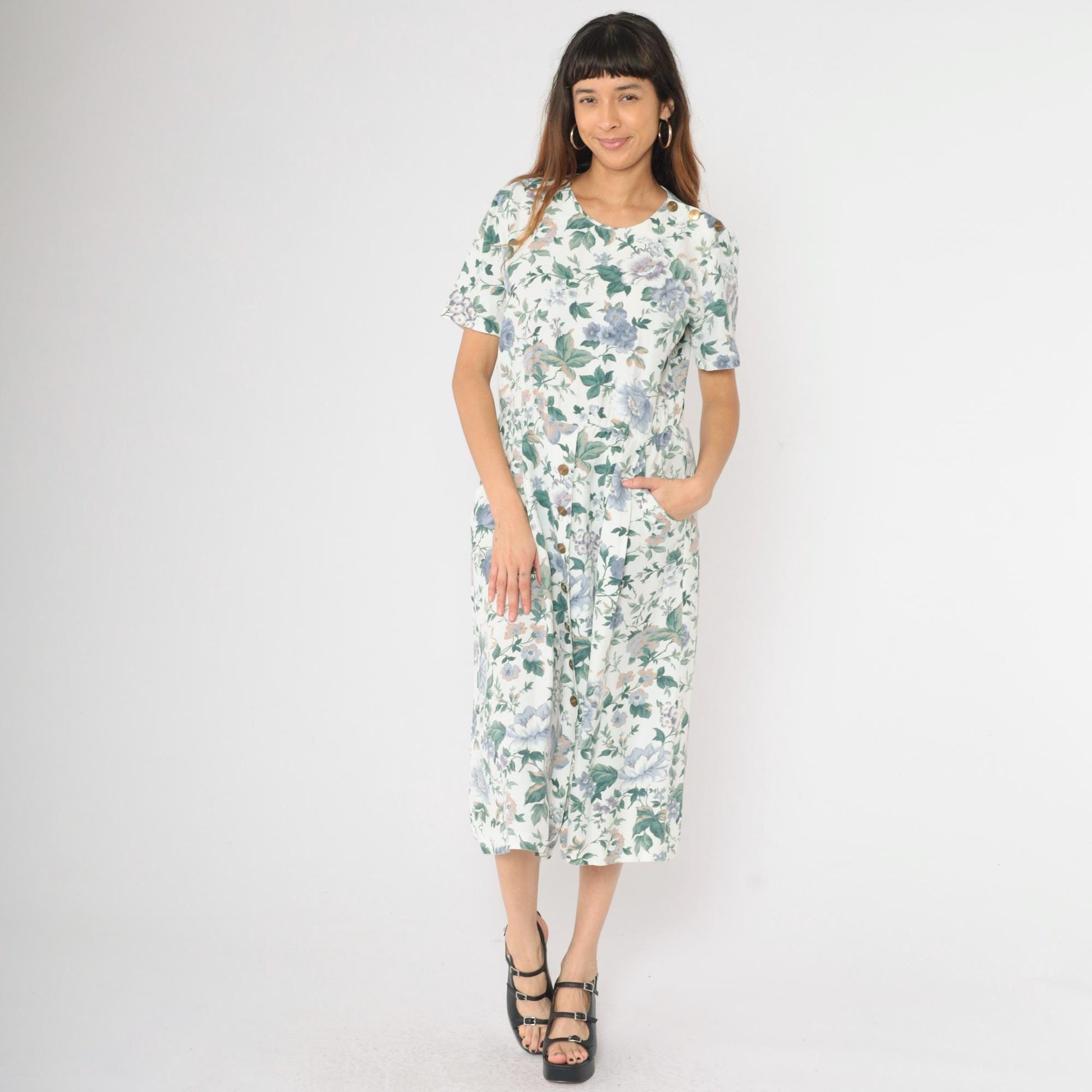 90s Floral Button Midi Dress White Blue Green Print Short Sleeve Medium M