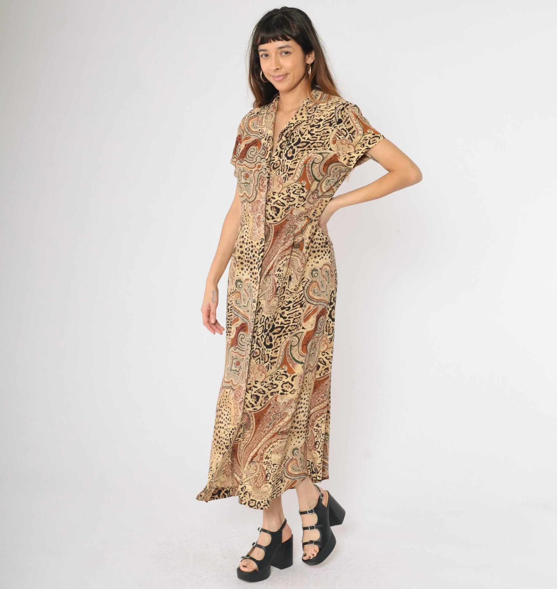 90s Leopard Paisley Maxi Shirtdress Animal Print Button-Up Yellow Burnt Orange Large 14