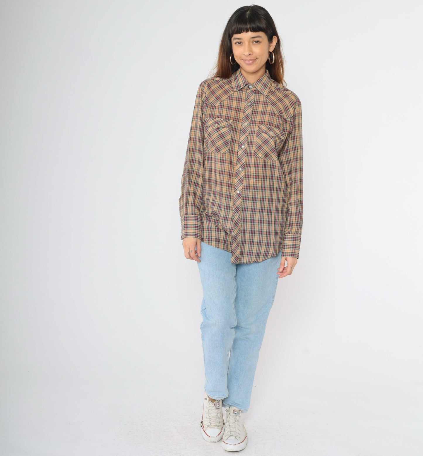 80s Plaid Western Pearl Snap Shirt Tan Red Blue Men's Medium