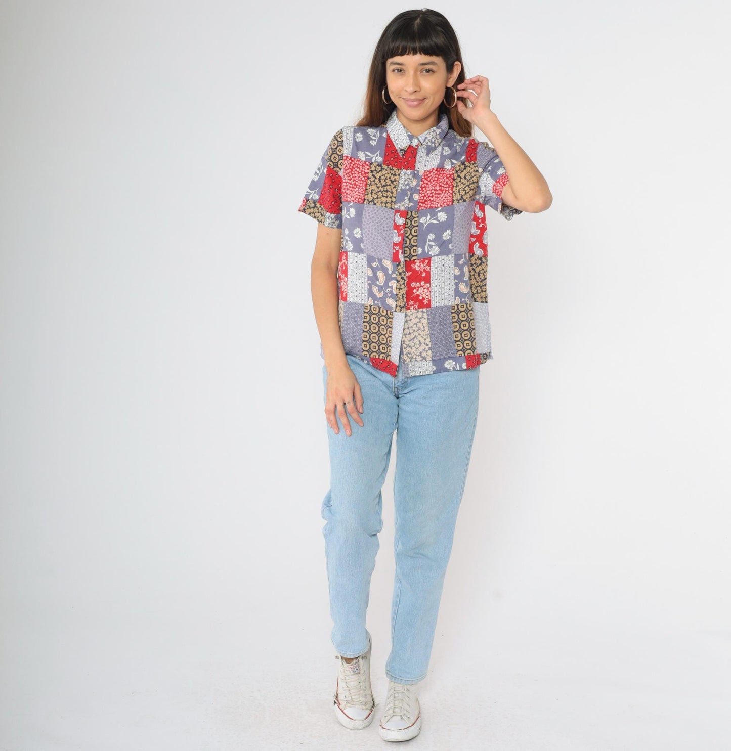 90s Alfred Dunner Patchwork Floral Paisley Button Up Blouse Muted Blue Red Medium
