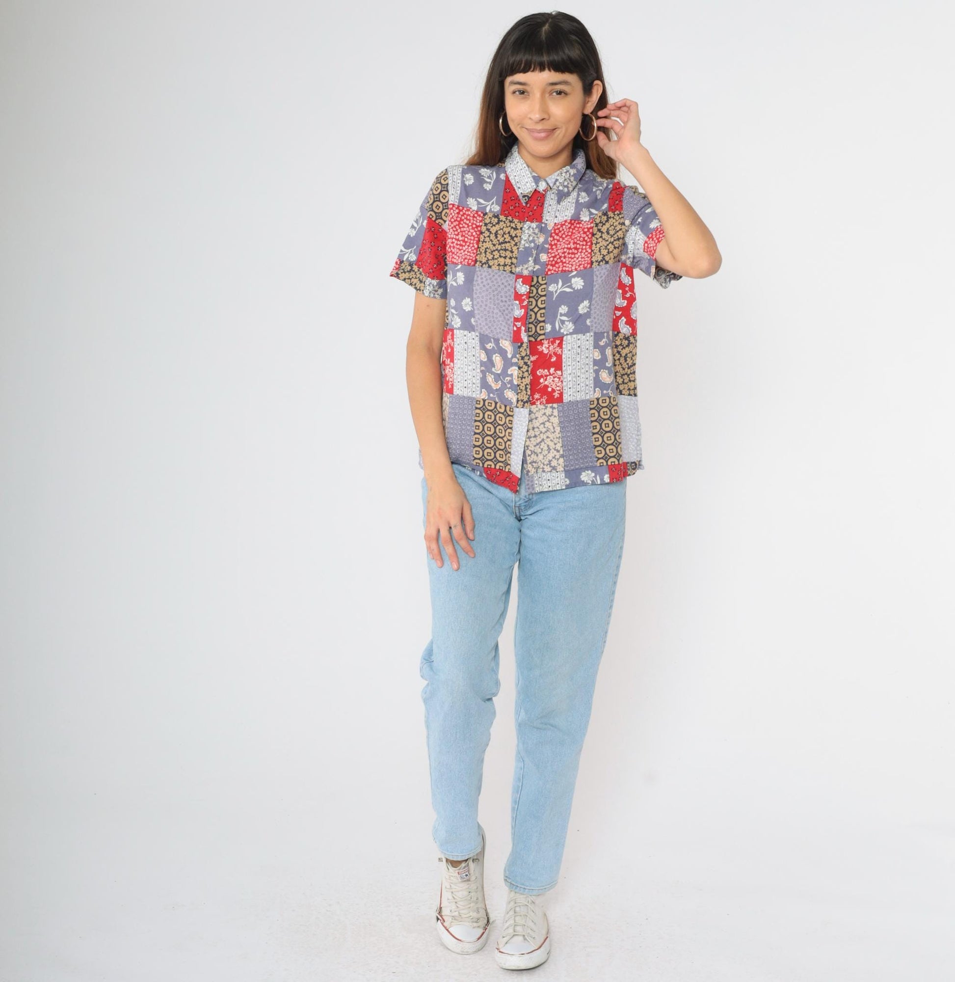 90s Alfred Dunner Patchwork Floral Paisley Button Up Blouse Muted Blue Red Medium