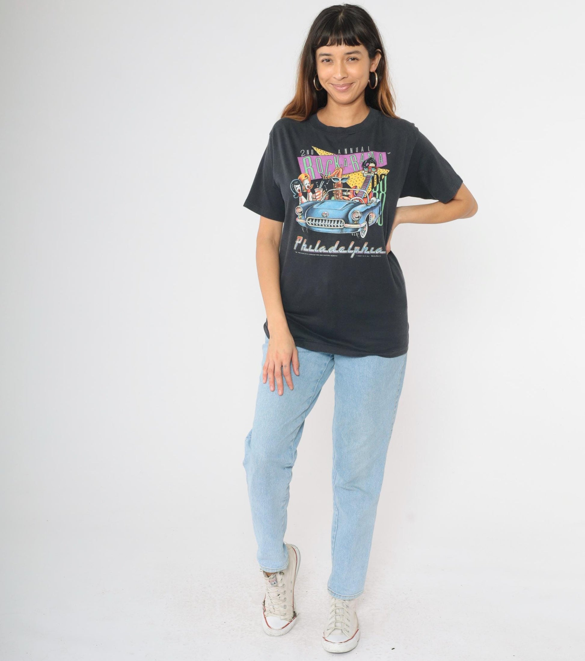 80s Rock-a-Rama Philadelphia Graphic T-Shirt Black Rockabilly Car Small