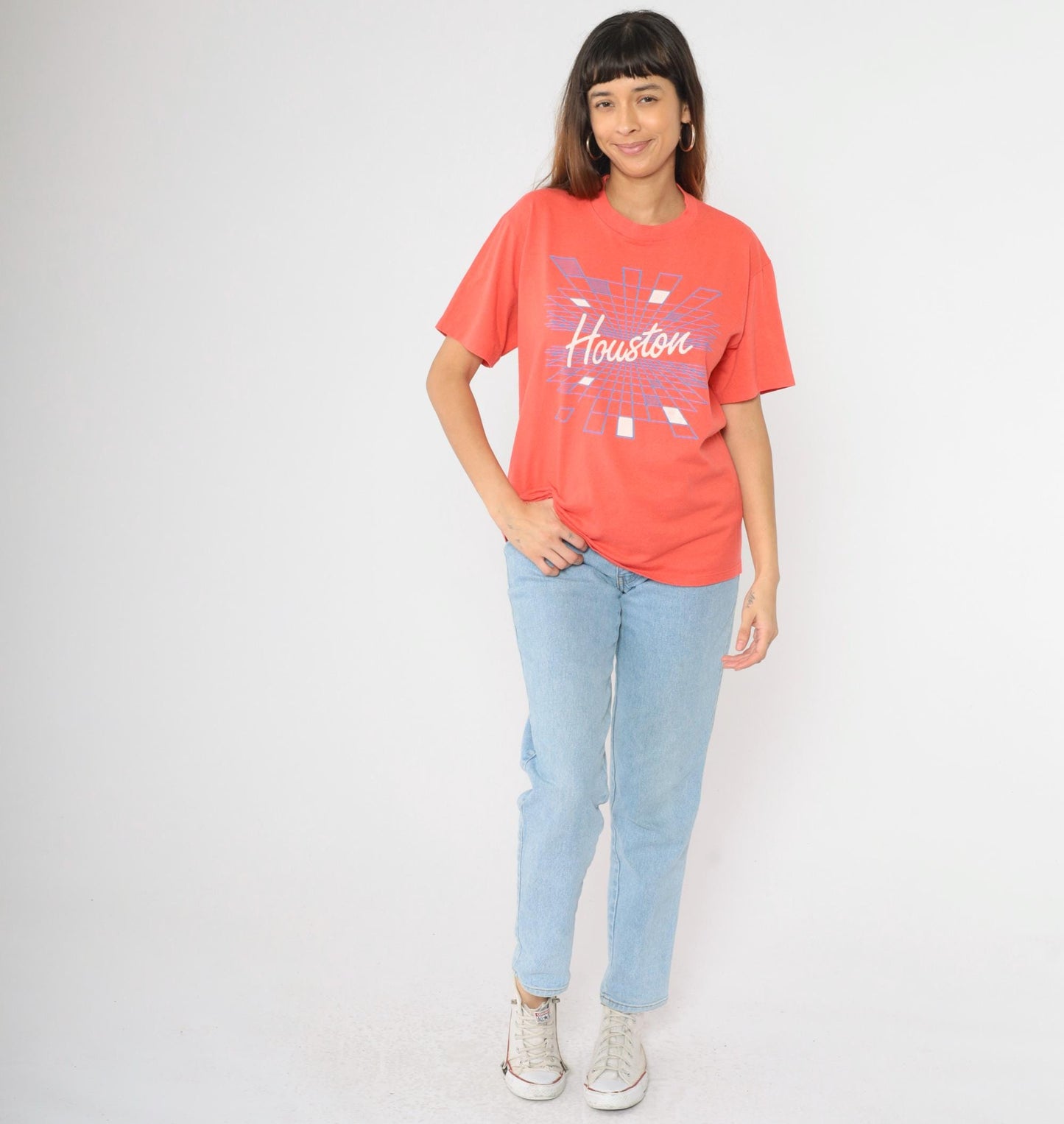 80s Houston Graphic T-Shirt Orange Spellout Velva Sheen Medium