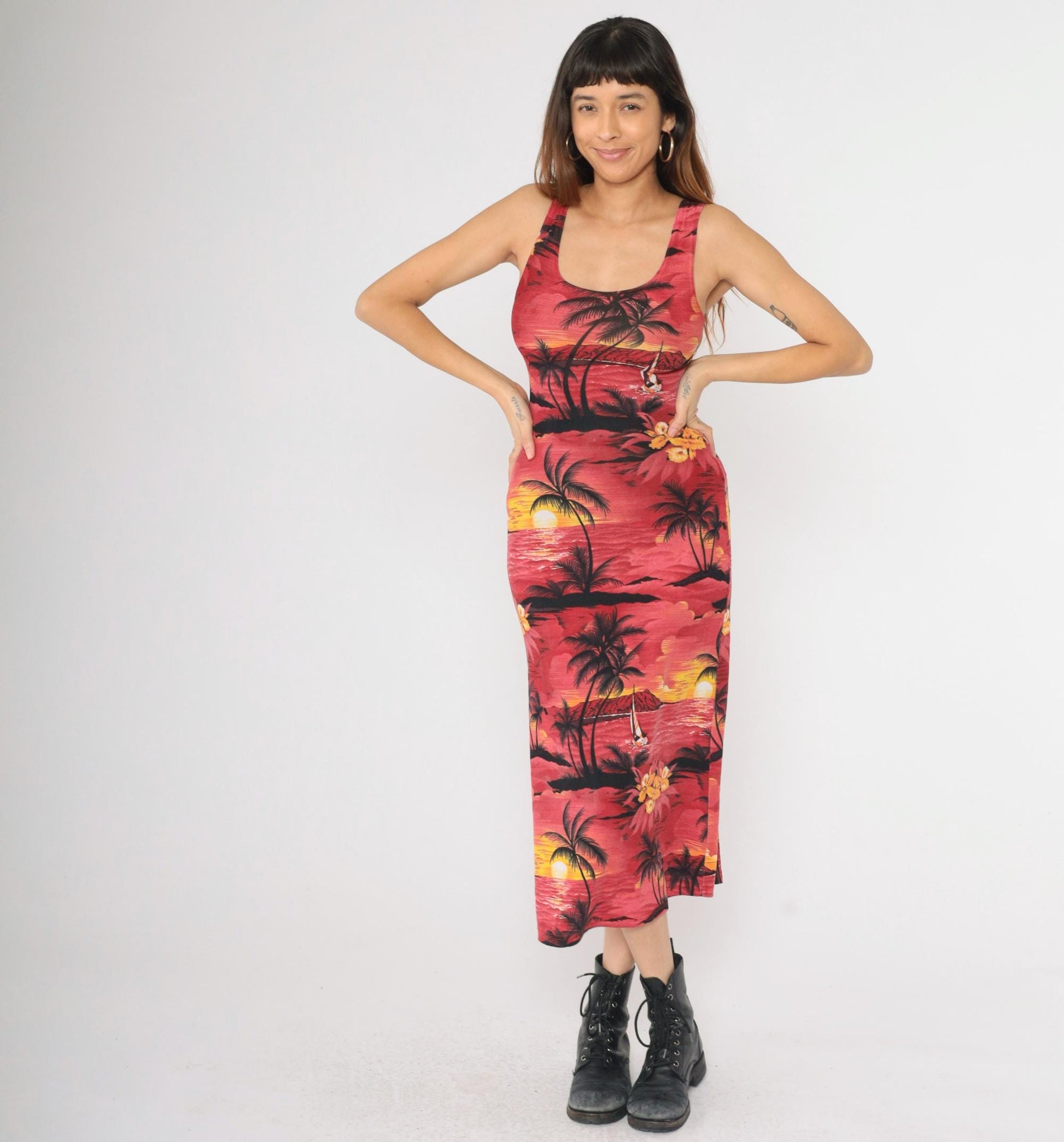 90s Hawaiian Tropical Midi Bodycon Dress Red Palm Tree Print Small S