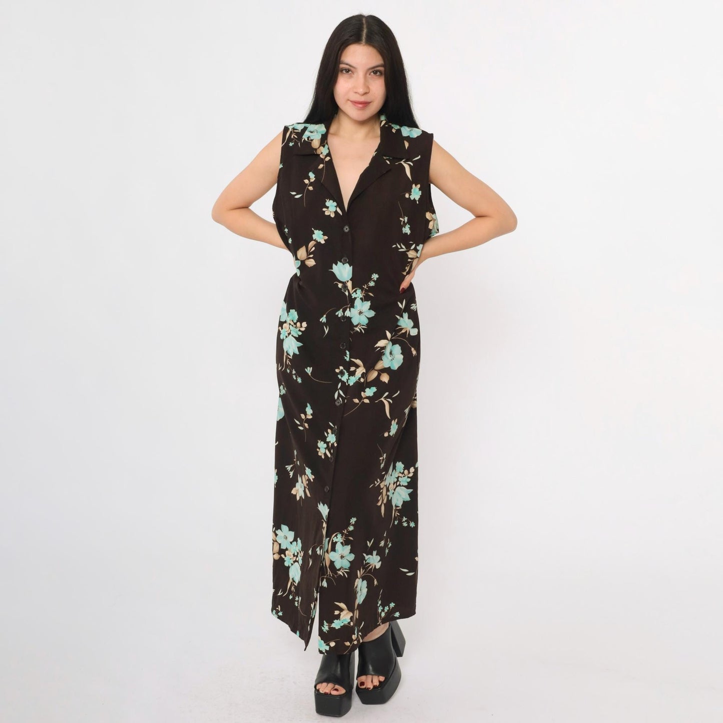 90s Studio I Brown Floral Maxi Dress Plus Size 18W Sleeveless Collared V-Neck